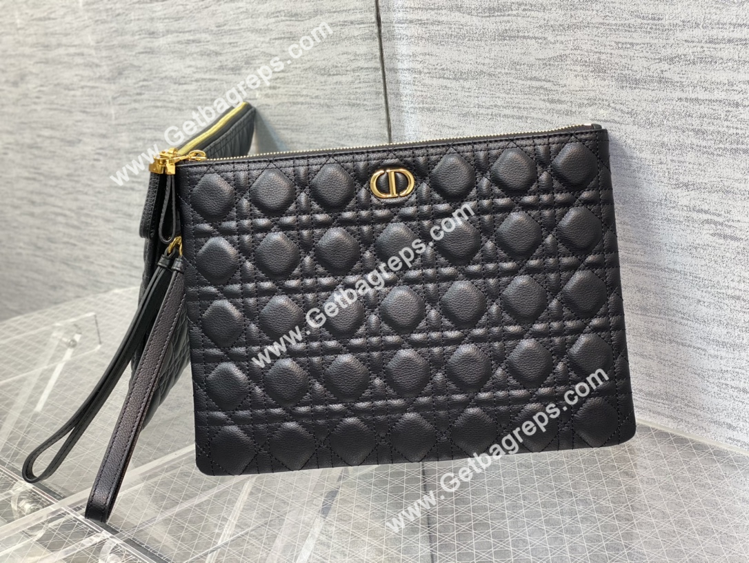 Large Dior Caro Daily Pouch Cloud Powder Black Supple Cannage Calfskin
