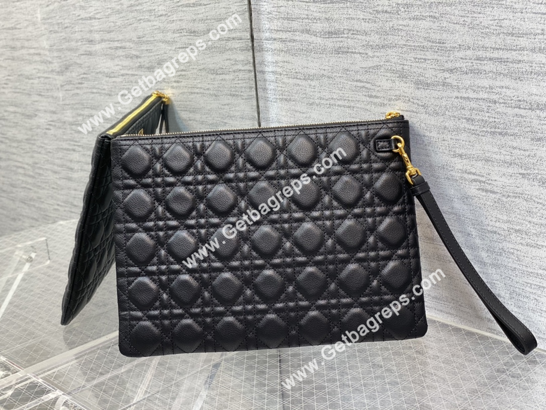 Large Dior Caro Daily Pouch Cloud Powder Black Supple Cannage Calfskin