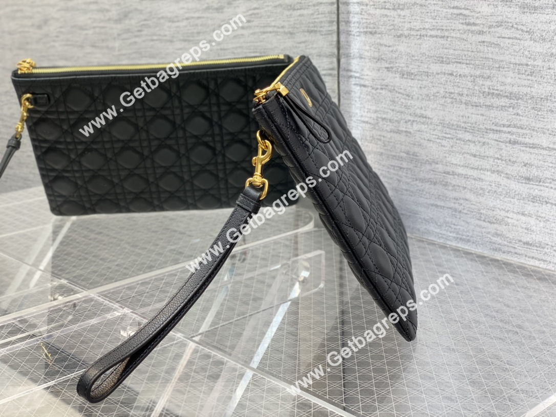 Large Dior Caro Daily Pouch Cloud Powder Black Supple Cannage Calfskin