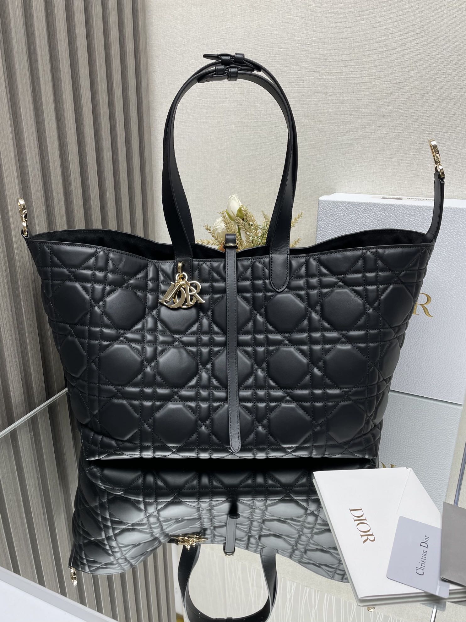 Large Dior Toujours Bag Black Macrocannage Calfskin