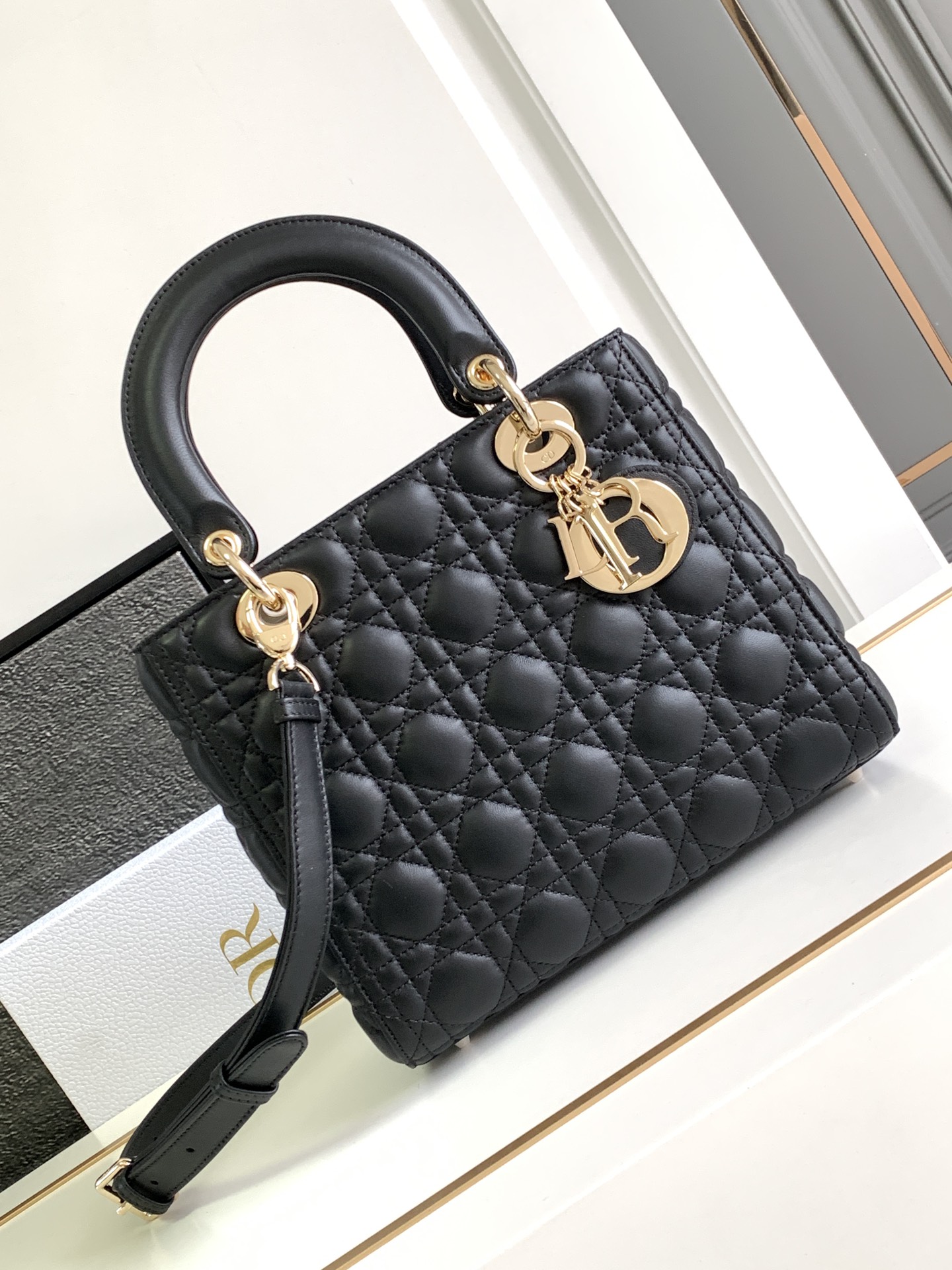 Large Lady Dior Bag Lambskin Black With Gold Hardware 24cm