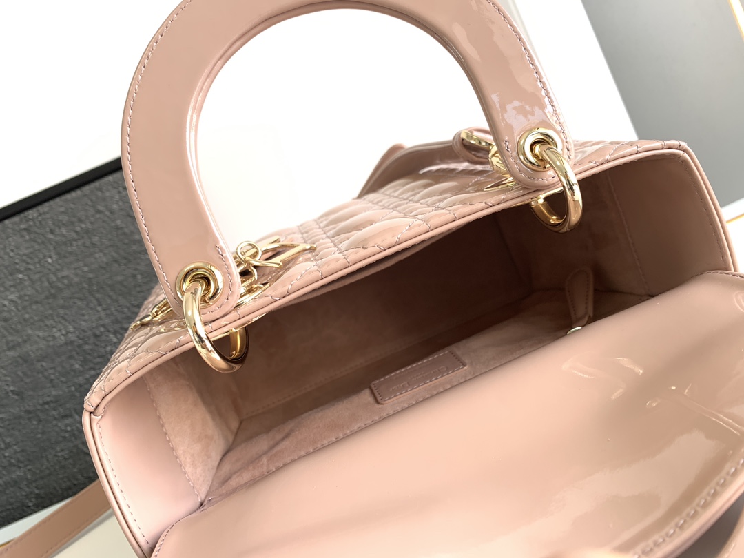 Large Lady Dior Bag Pink Patent Cannage Calfskin With Gold Hardware 24cm