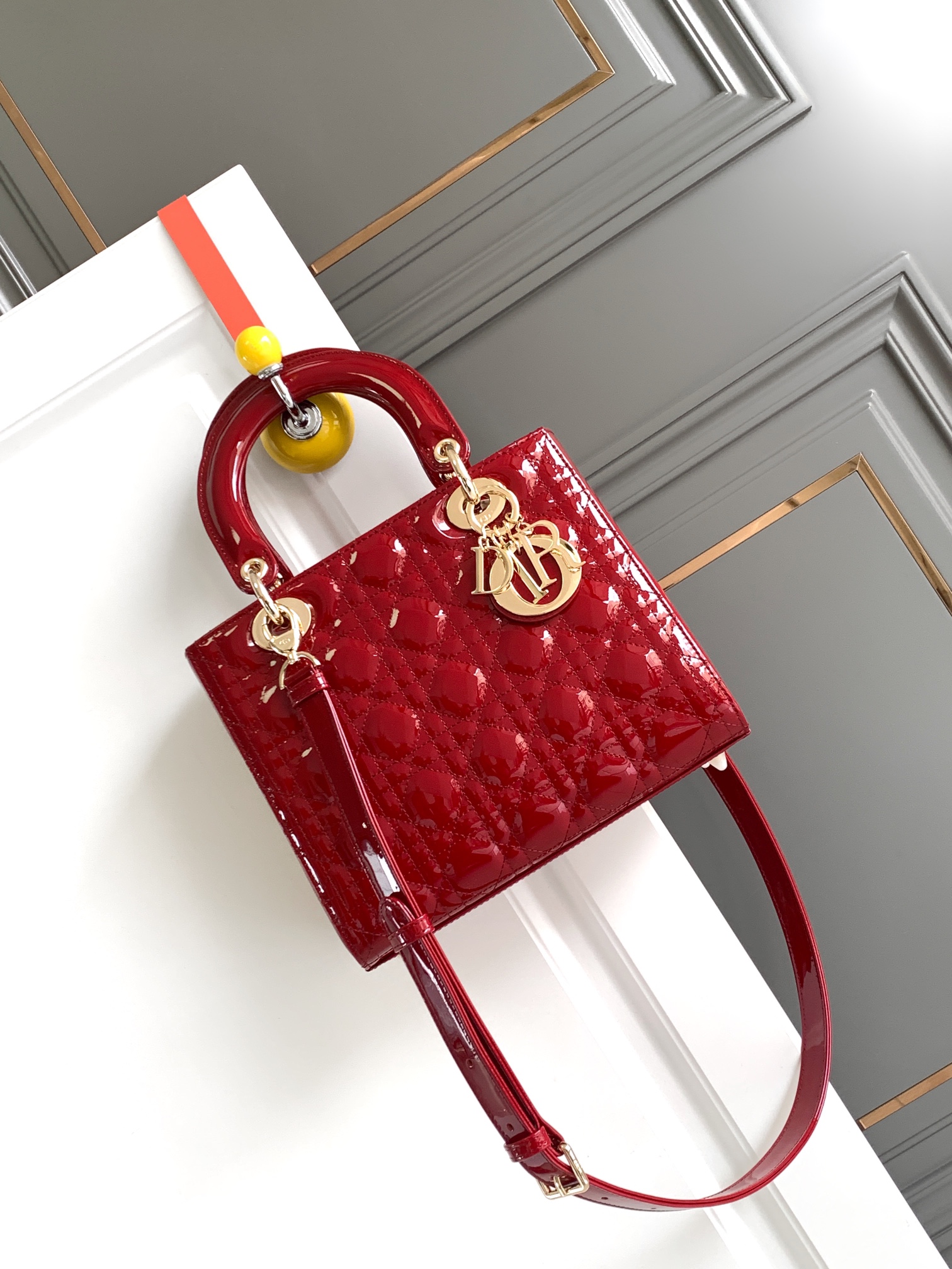 Large Lady Dior Bag Red Patent Cannage Calfskin With Gold Hardware 24cm