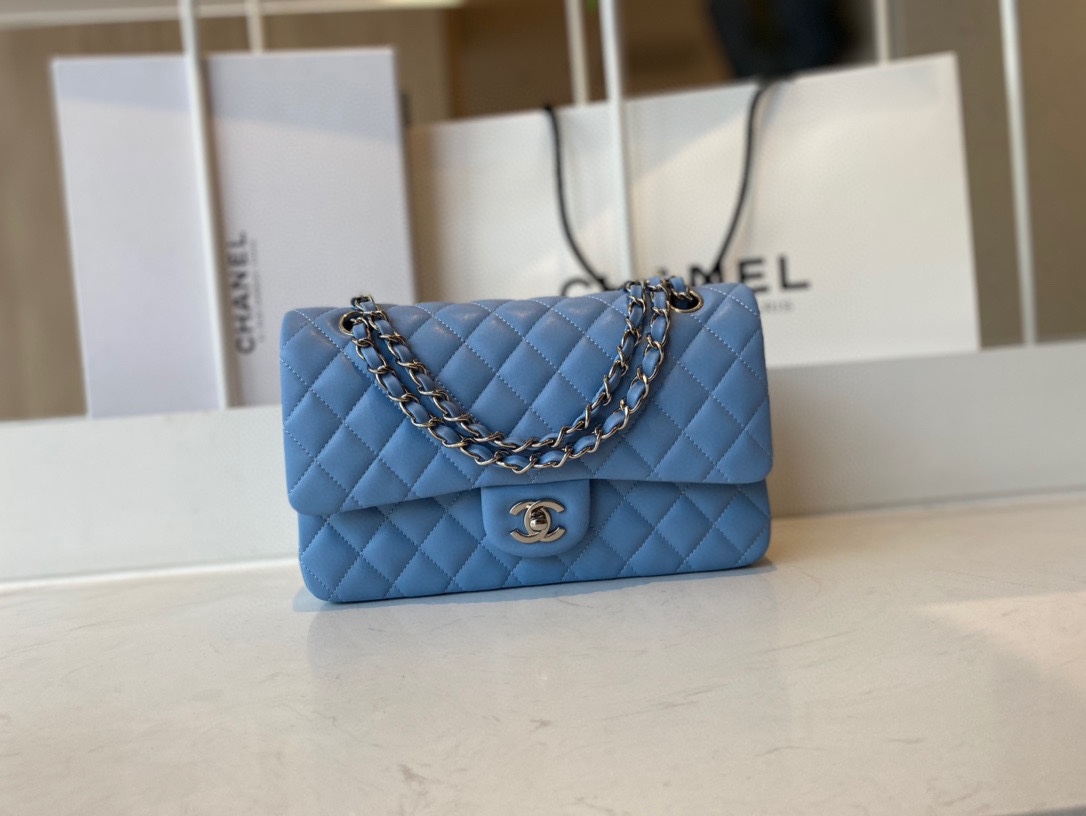 Limited Edition Chanel Classic Flap 17CM 20Cm 25CM Sheepskin Shoulder Bag High End Blue With Sliver