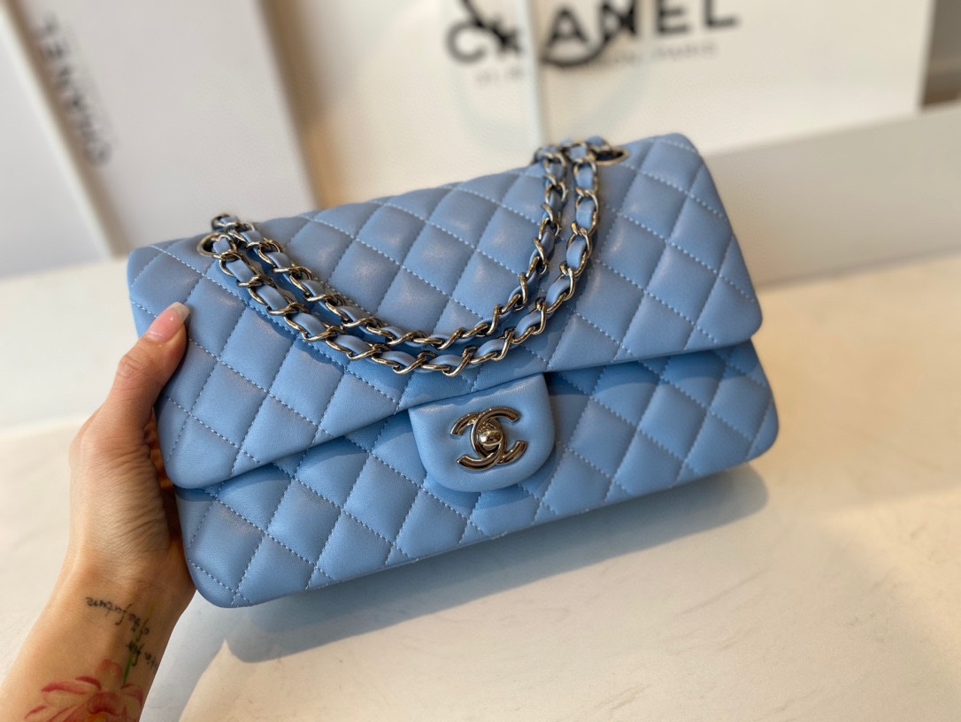 Limited Edition Chanel Classic Flap 17CM 20Cm 25CM Sheepskin Shoulder Bag High End Blue With Sliver