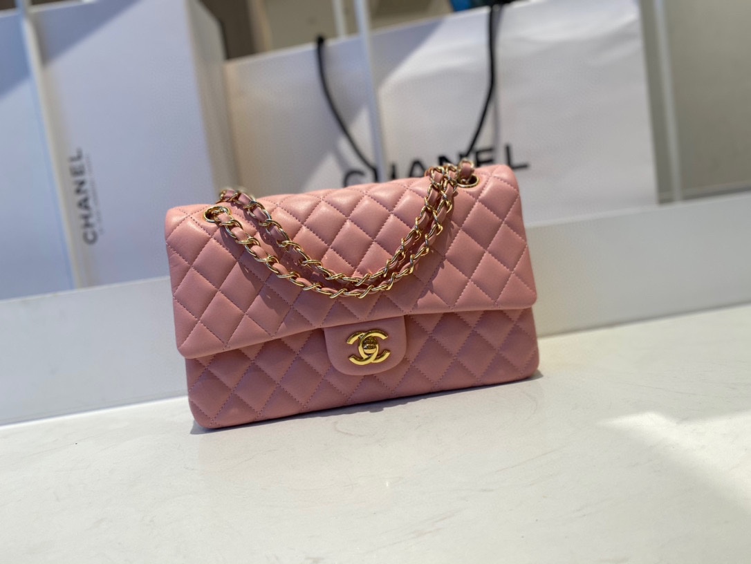 Limited Edition Chanel Classic Flap 17CM 20Cm 25CM Sheepskin Shoulder Bag High End Pink With Gold