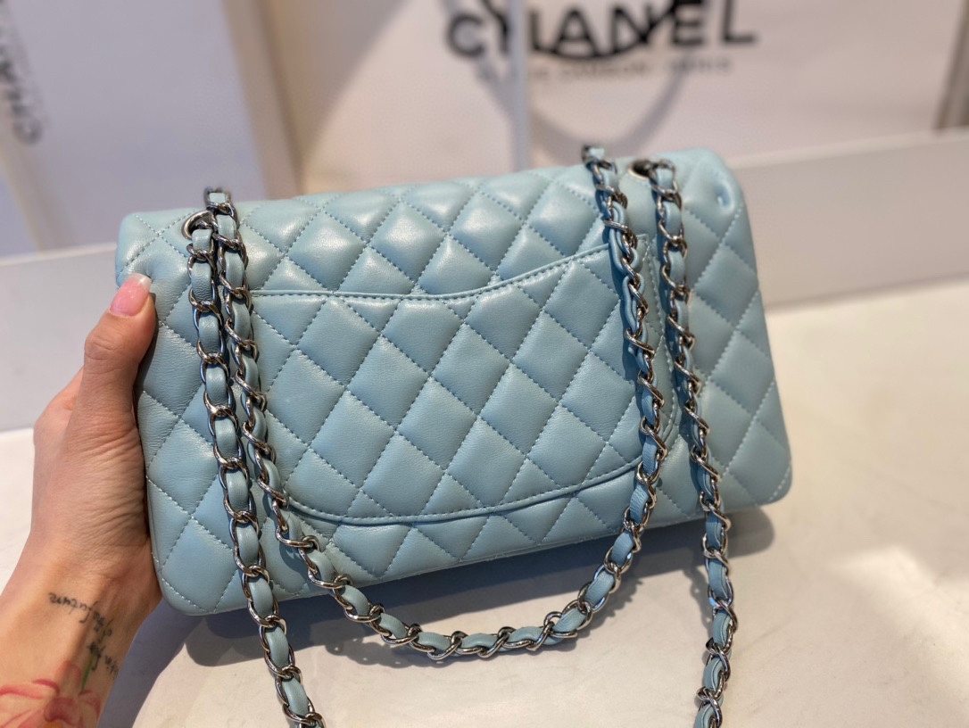 Limited Edition Chanel Classic Flap 17CM 20Cm 25CM Sheepskin Shoulder Bag High End Water Blue With Sliver