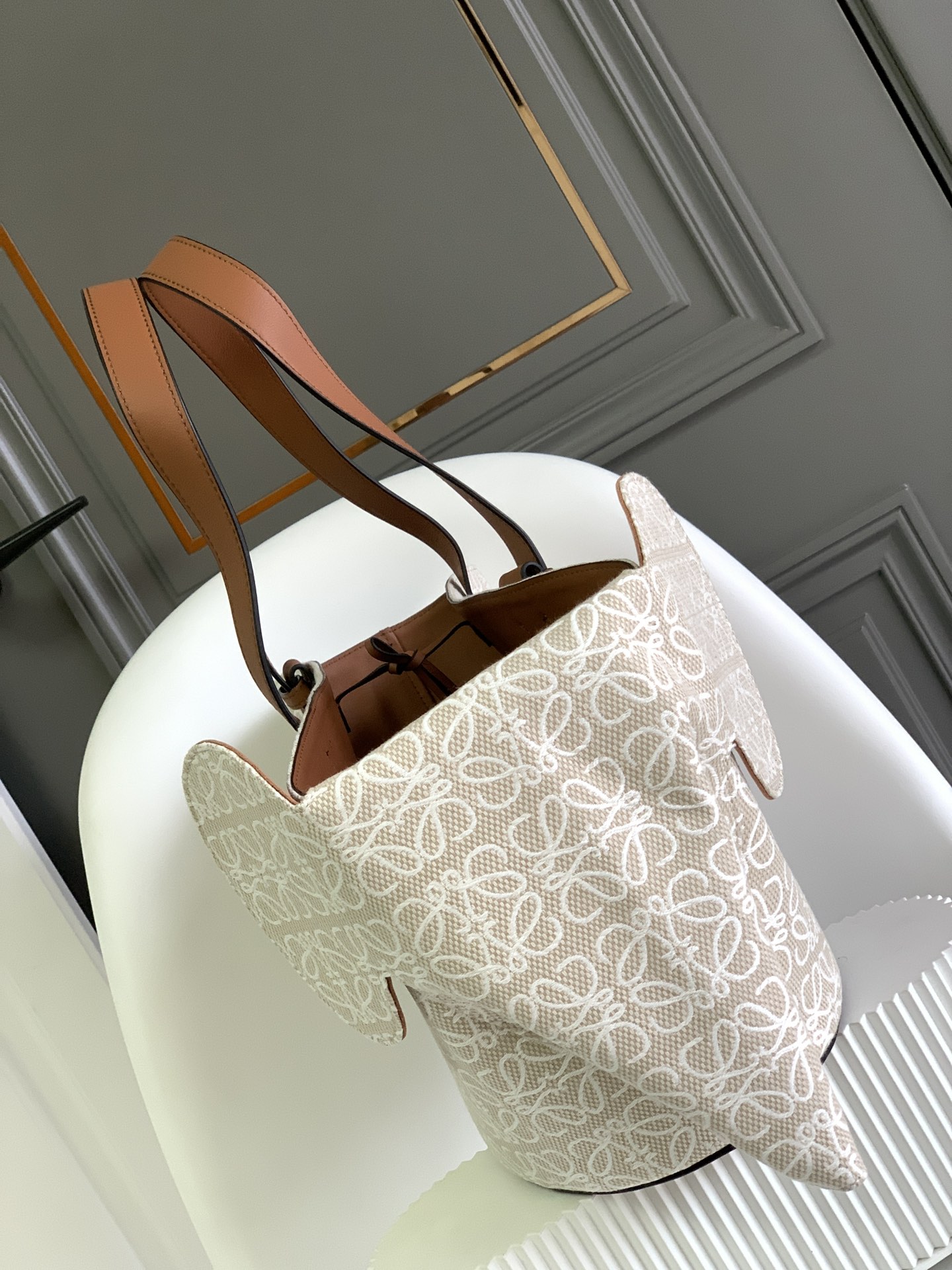 Loewe Basket Bag in Palm Leaf and Calfskin Tan