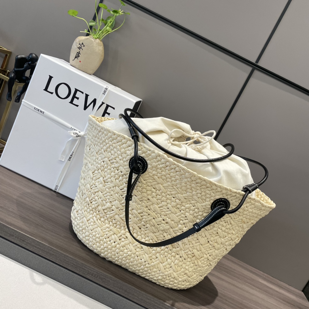 Loewe Large Anagram Basket Bag in Iraca Palm and Calfskin Natural Black