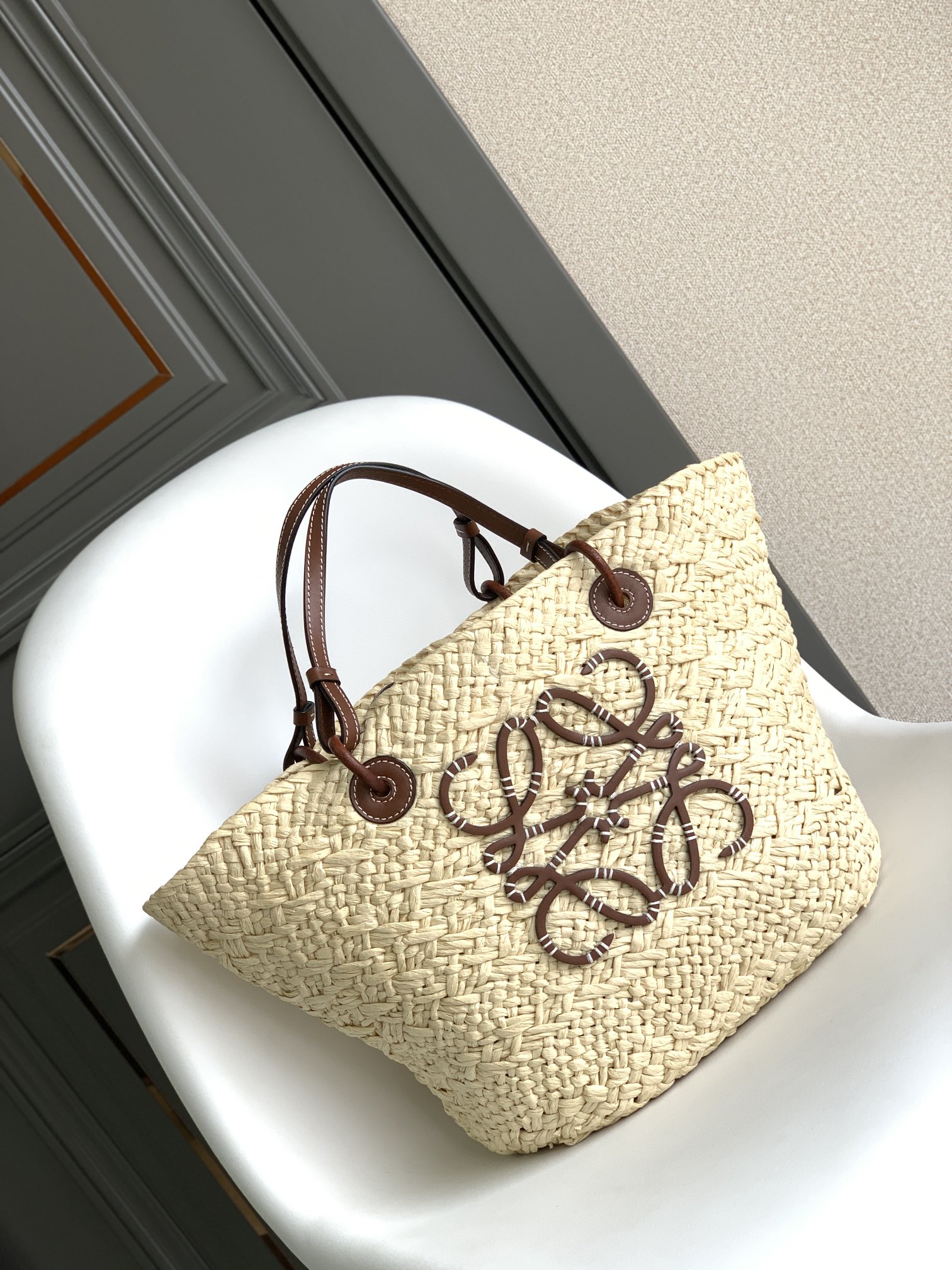 Loewe Large Anagram Basket Bag in Iraca Palm and Calfskin Natural Tan