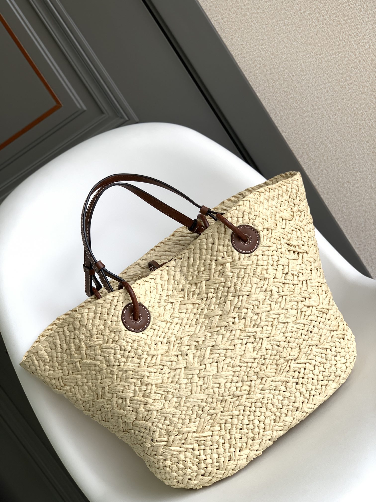 Loewe Large Anagram Basket Bag in Iraca Palm and Calfskin Natural Tan