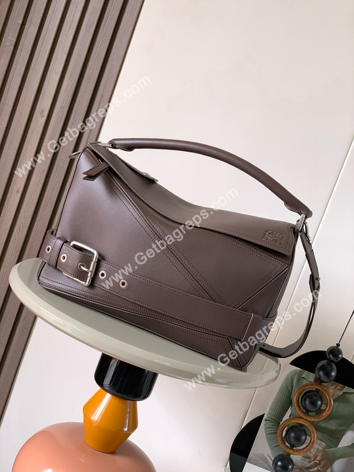 Loewe Large Puzzle Biker Bag in Shiny Calfskin Dark Chestnut