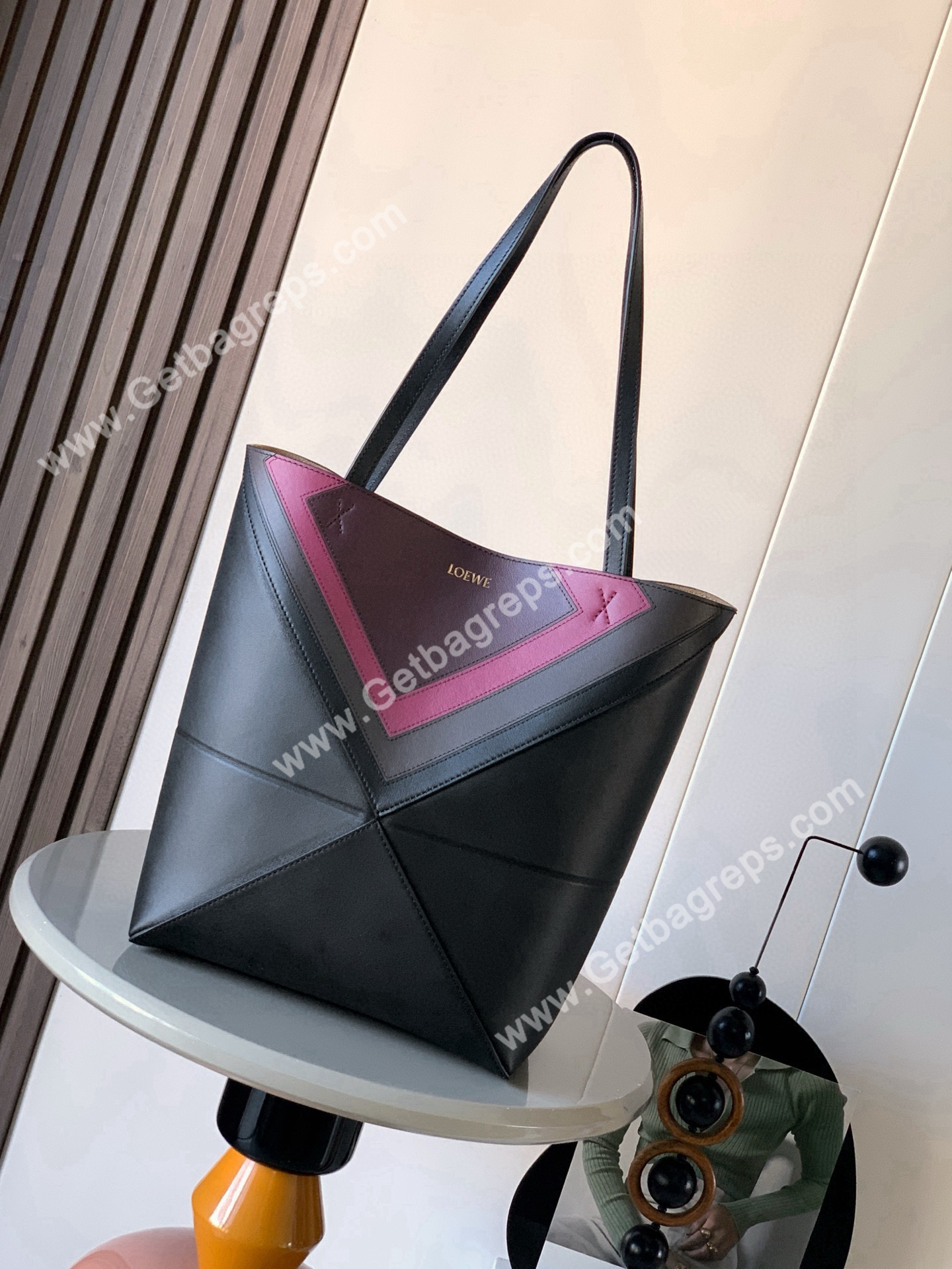Loewe Medium Puzzle Fold Tote in Shiny Calfskin Black