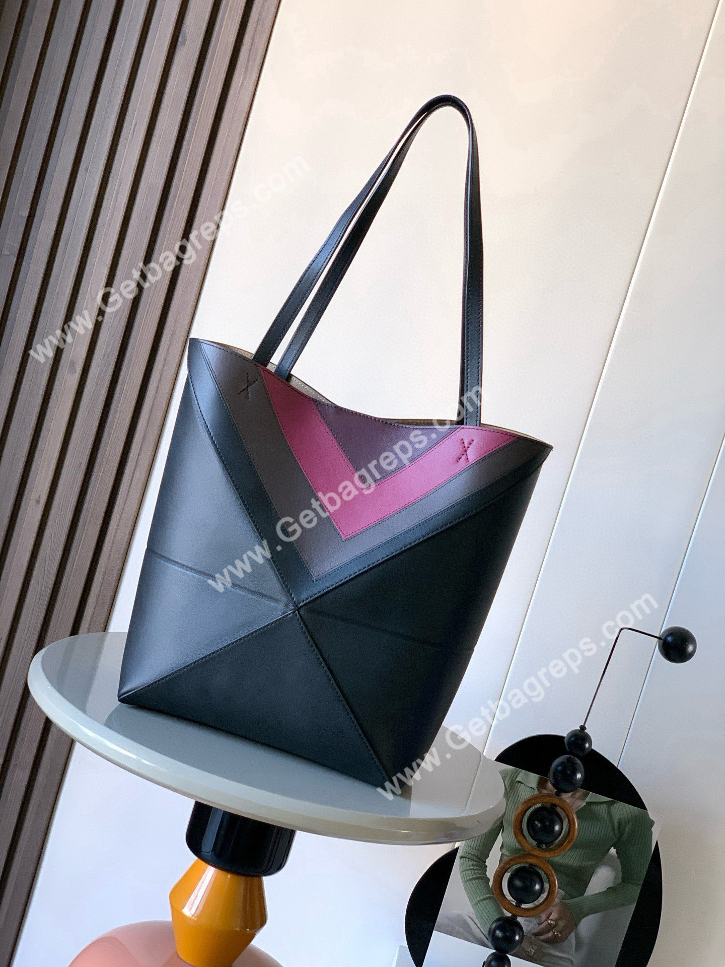 Loewe Medium Puzzle Fold Tote in Shiny Calfskin Black