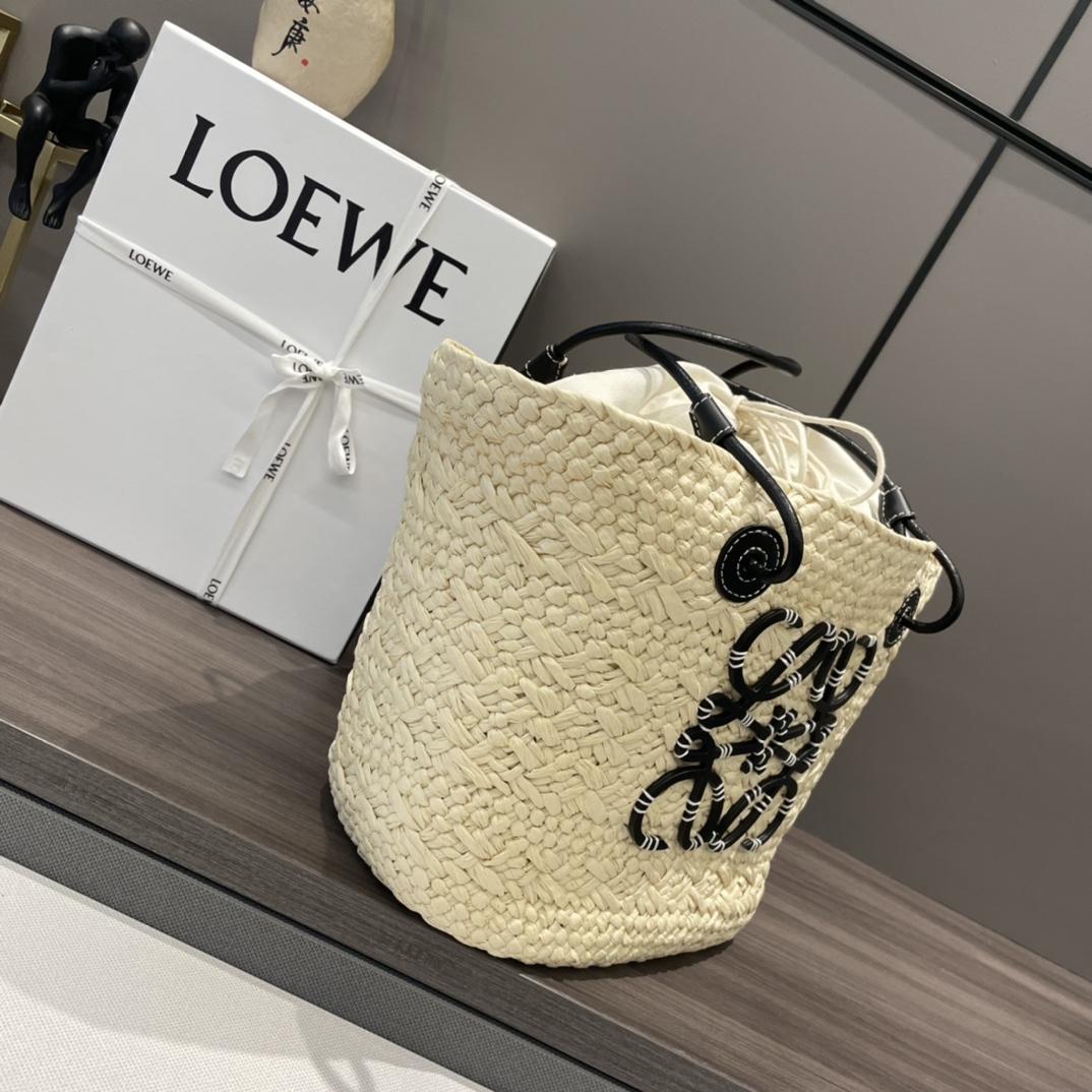 Loewe Small Anagram Basket Bag in Iraca Palm and Calfskin Natural Black