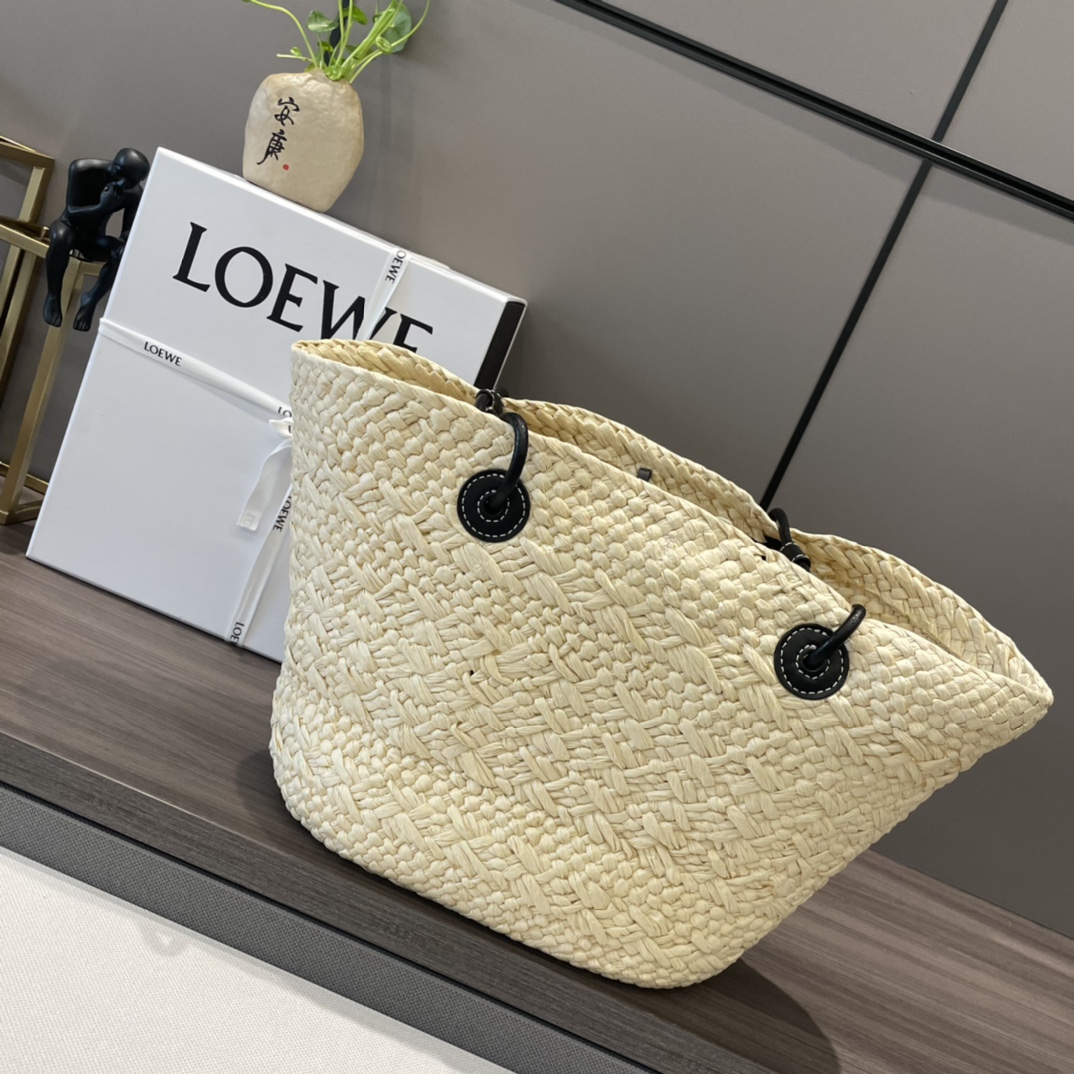 Loewe Small Anagram Basket Bag in Iraca Palm and Calfskin Natural Black