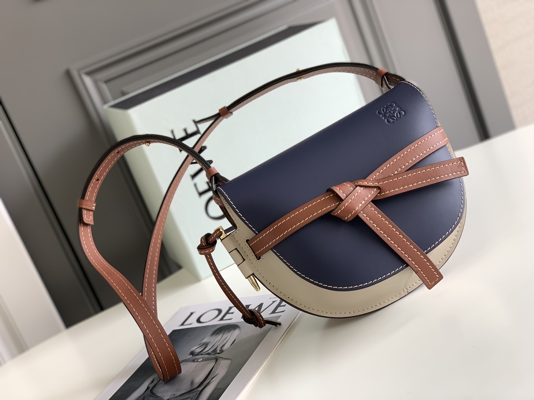 Loewe Small Gate Bag in Soft Calfskin Dark Blue with White