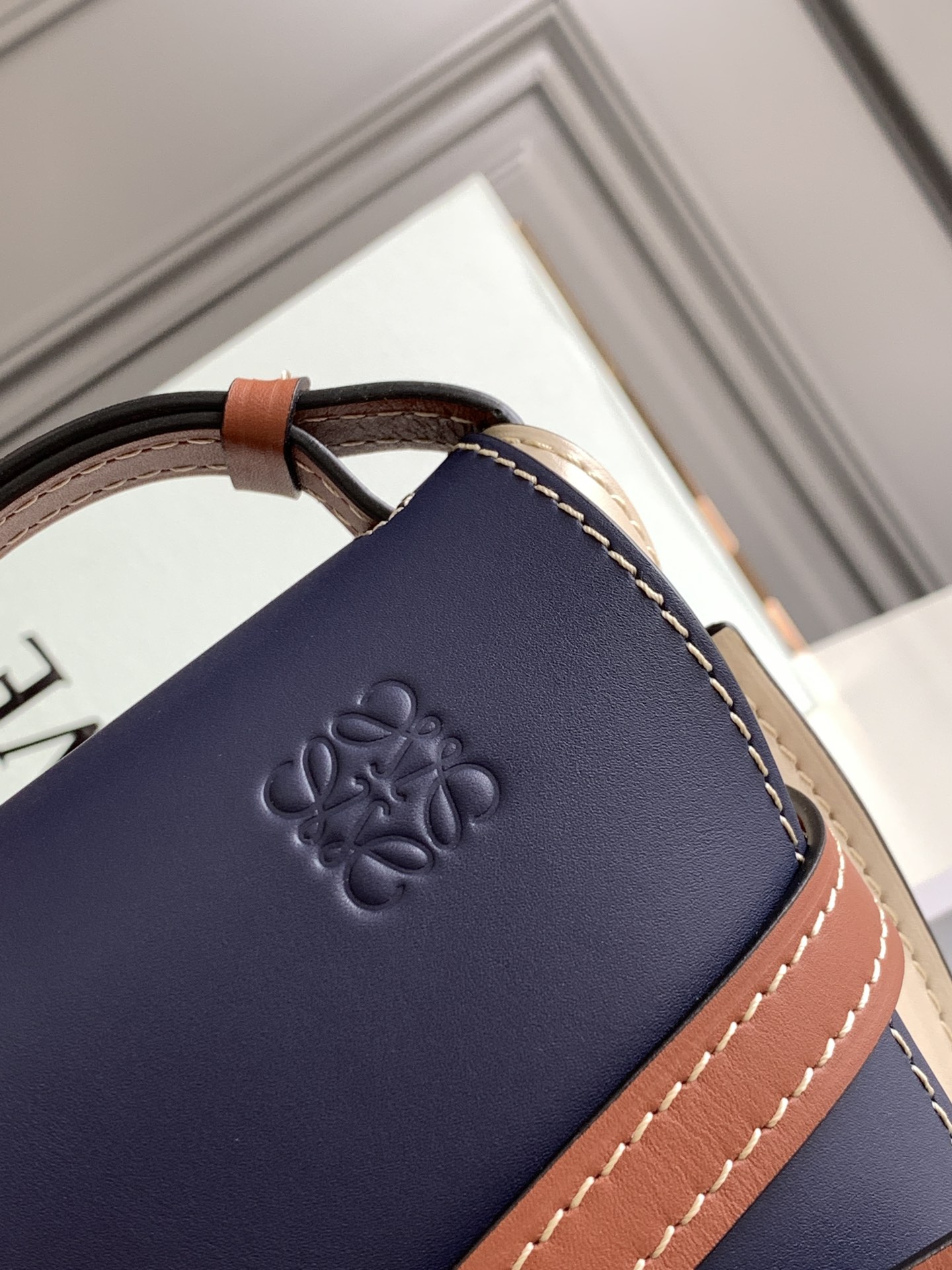 Loewe Small Gate Bag in Soft Calfskin Dark Blue with White