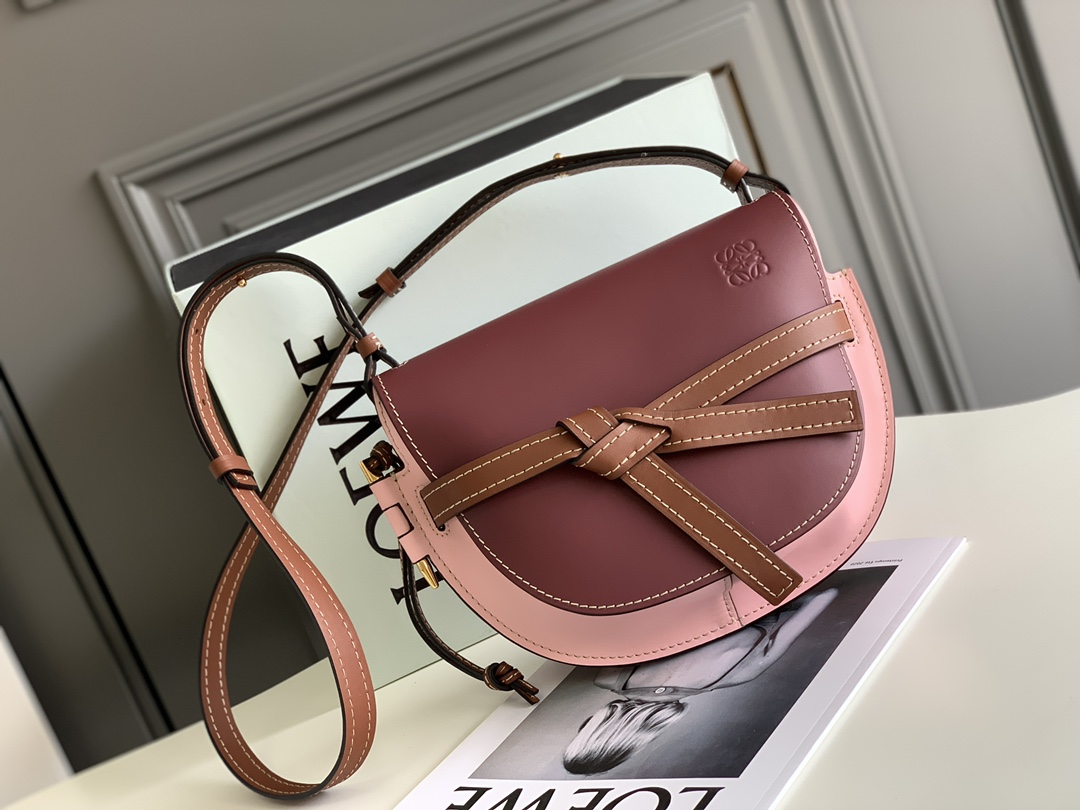 Loewe Small Gate Bag in Soft Calfskin Dark Red with Pink