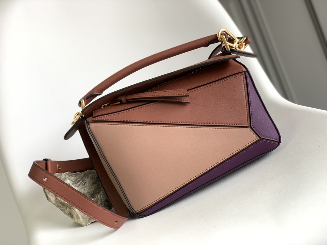 Loewe Small Puzzle Bag in Classic Calfskin Dark Purple Dark Rust