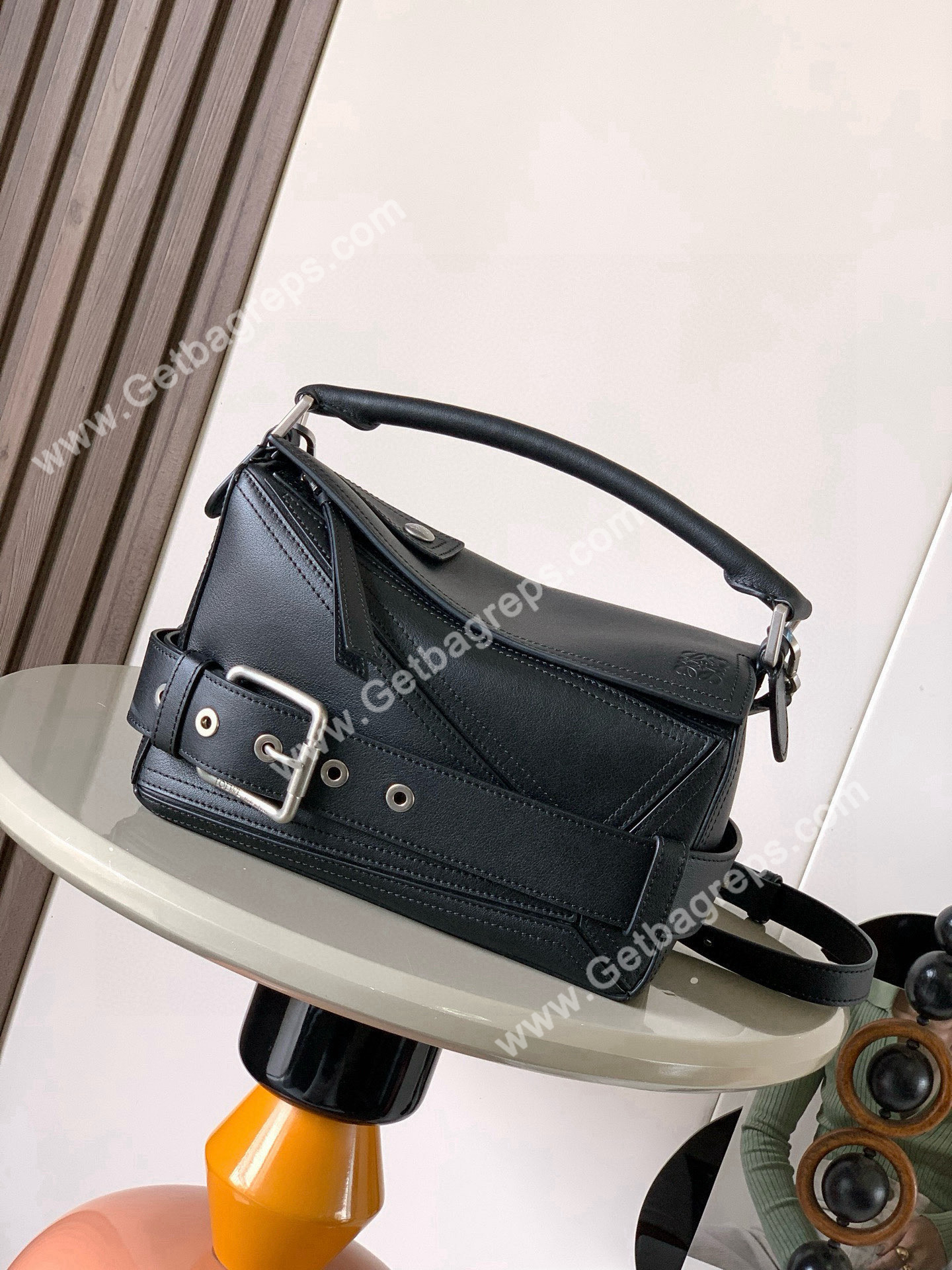 Loewe Small Puzzle Biker Bag in Shiny Calfskin Black