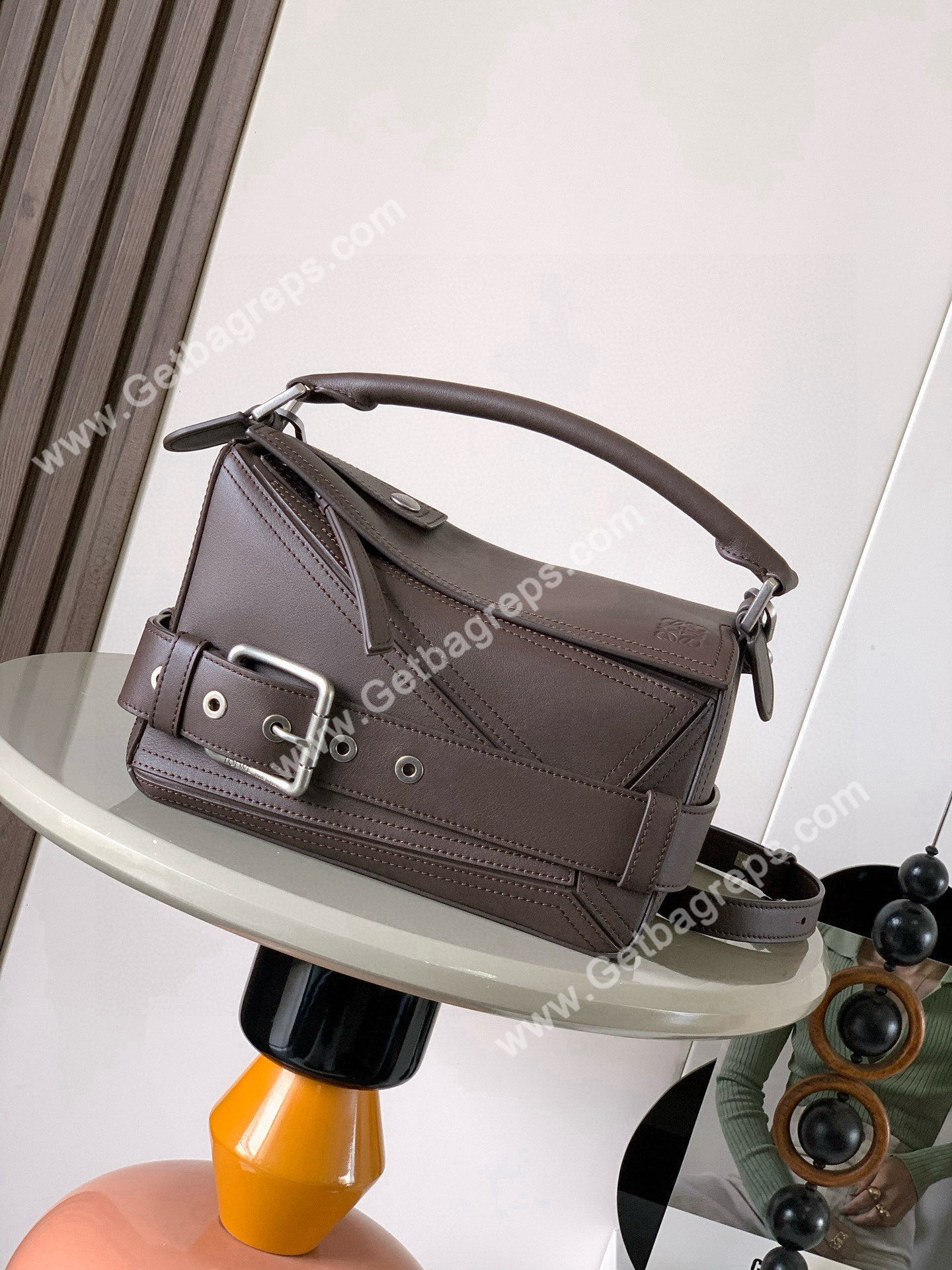 Loewe Small Puzzle Biker Bag in Shiny Calfskin Dark Chestnut