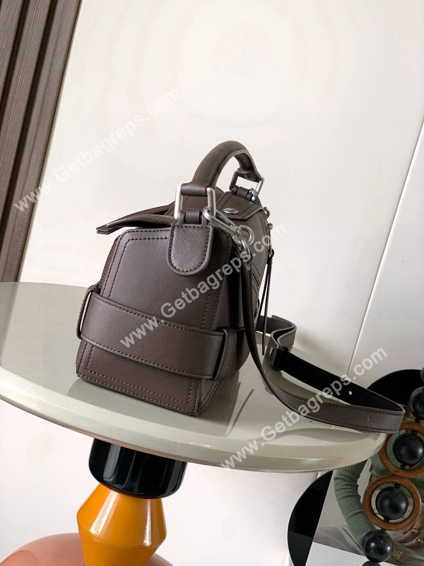 Loewe Small Puzzle Biker Bag in Shiny Calfskin Dark Chestnut