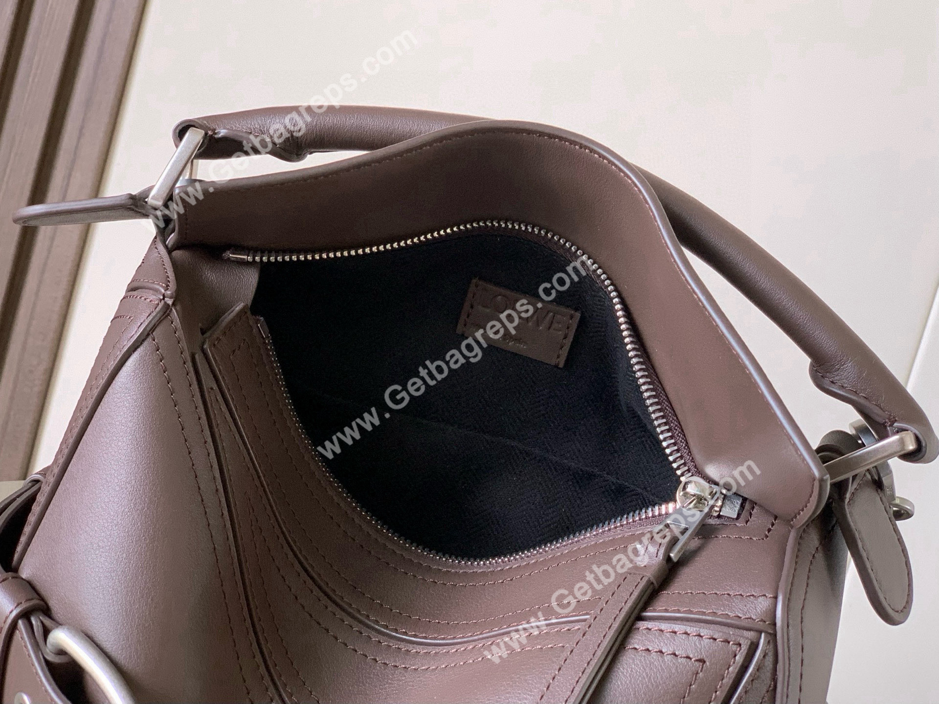 Loewe Small Puzzle Biker Bag in Shiny Calfskin Dark Chestnut