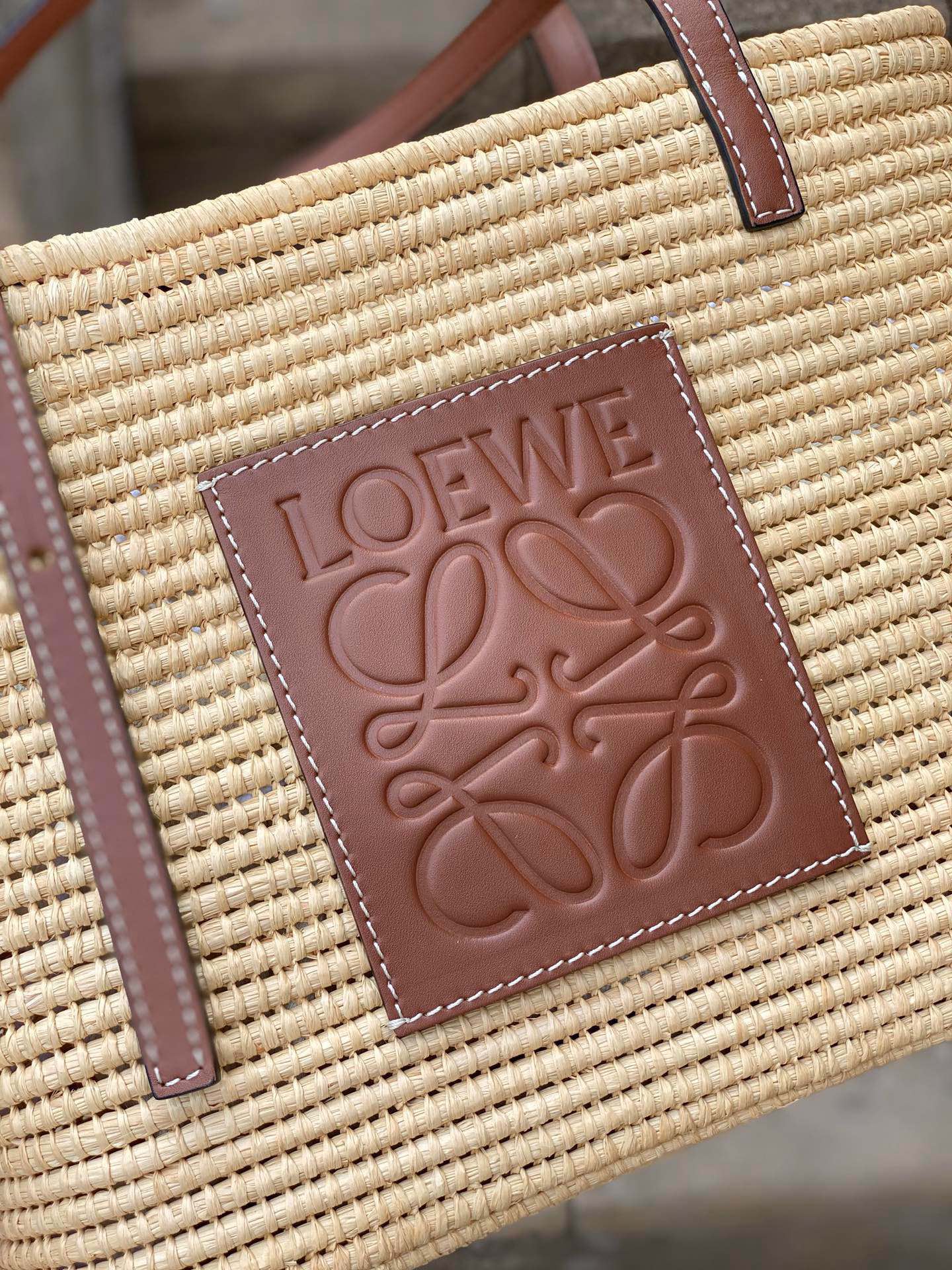 Loewe Small Square Basket Bag in Raffia and Calfskin Natural Pecan