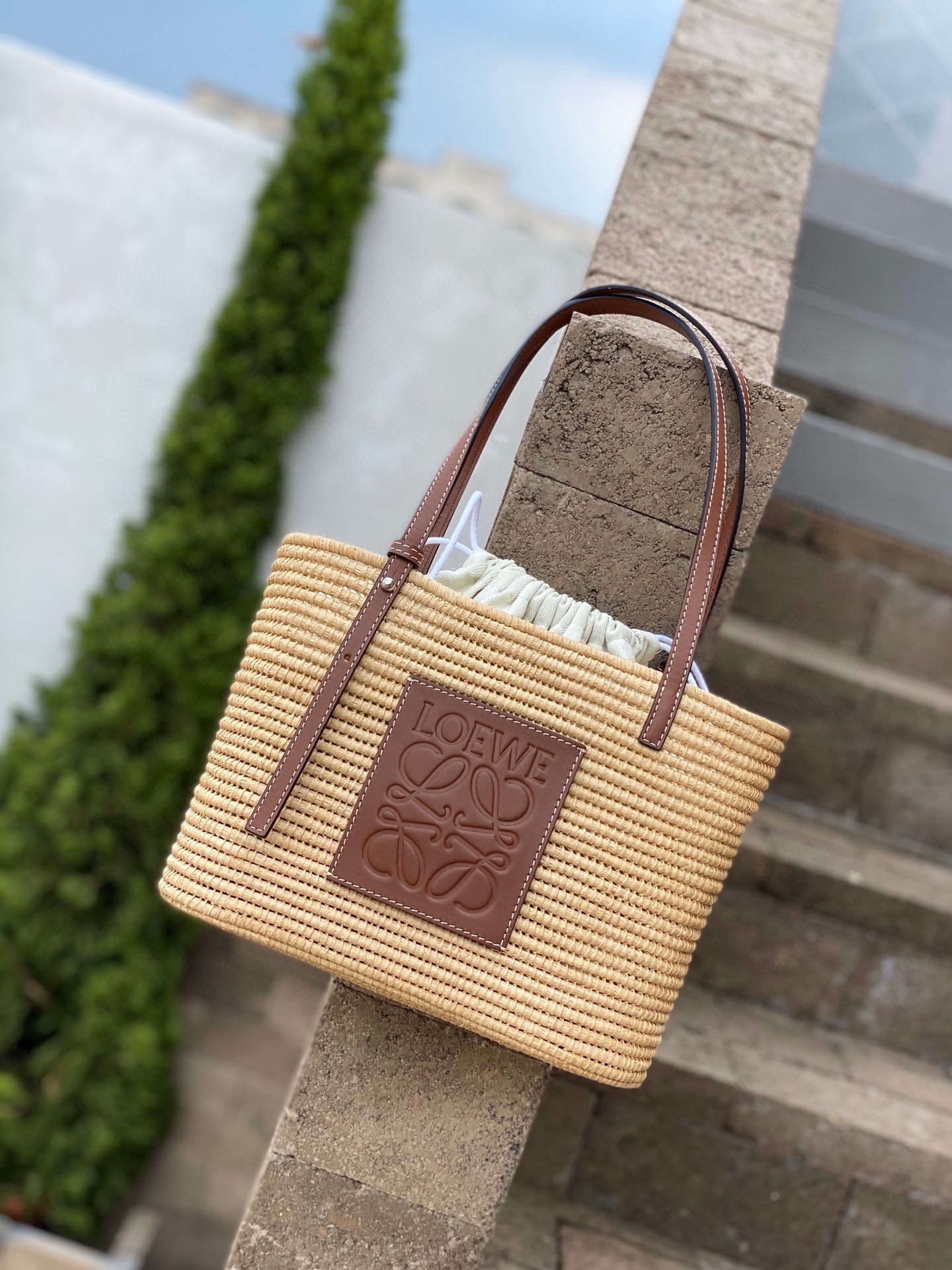 Loewe Small Square Basket Bag in Raffia and Calfskin Natural Pecan