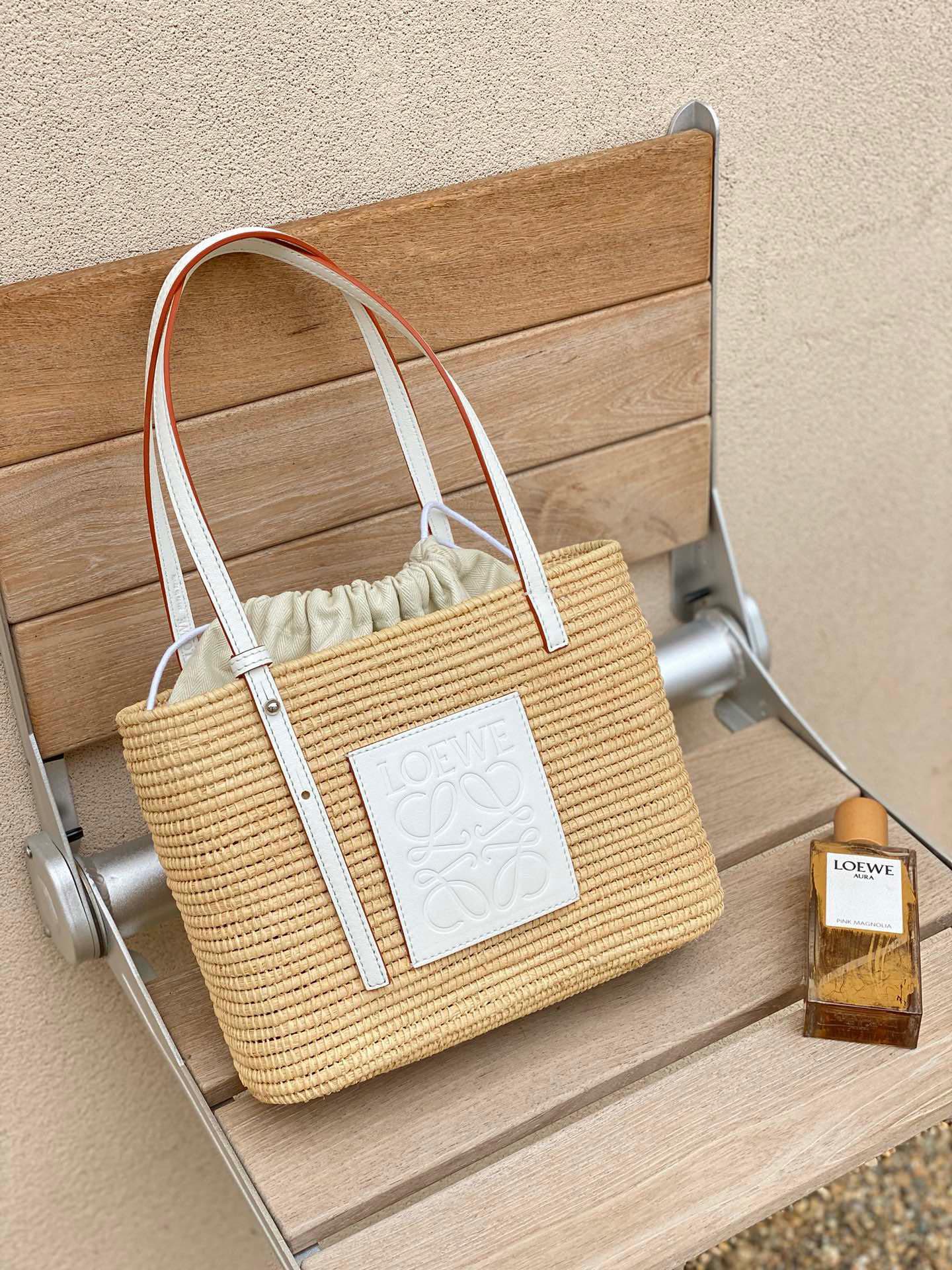 Loewe Small Square Basket Bag in Raffia and Calfskin White