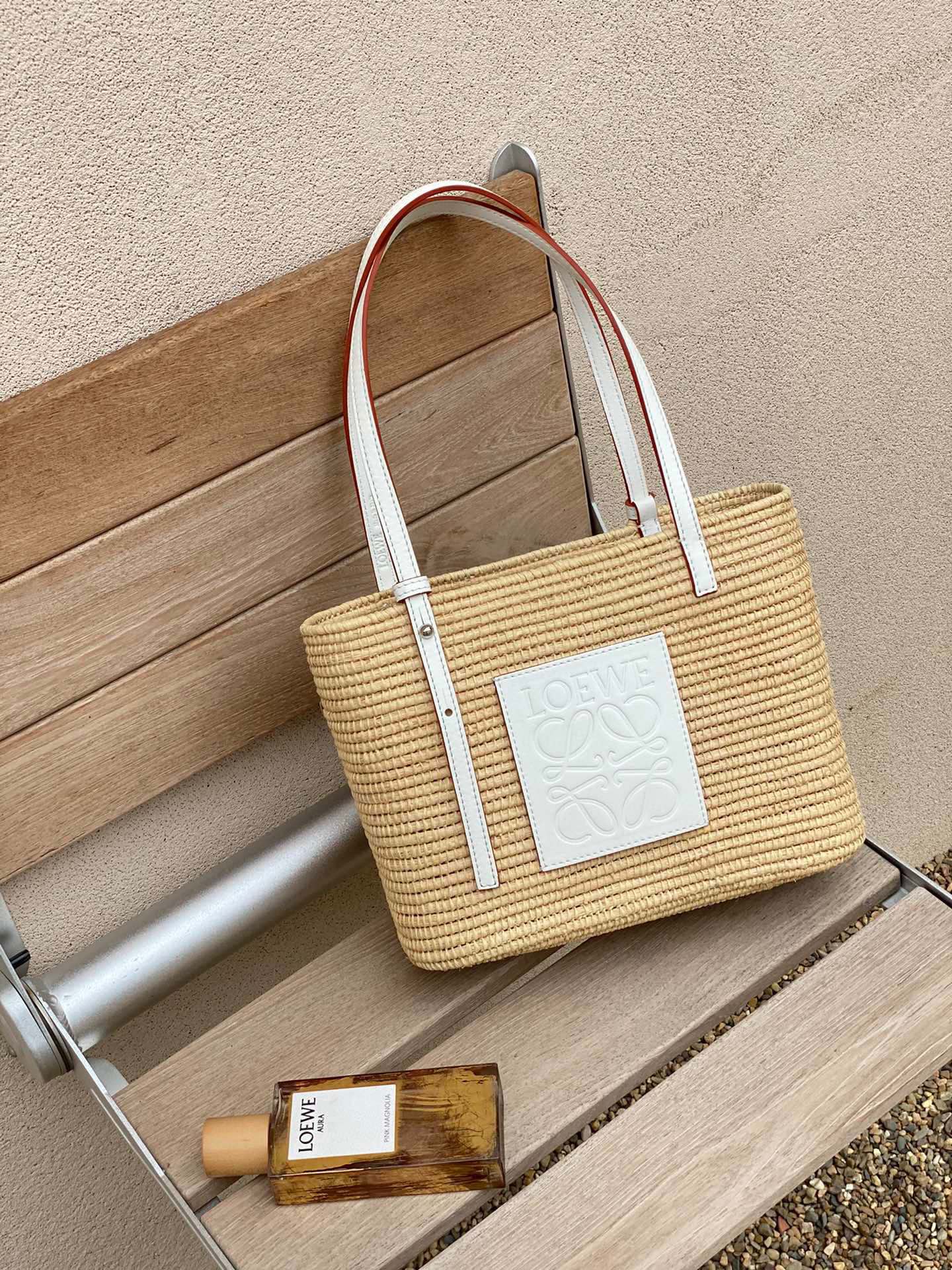 Loewe Small Square Basket Bag in Raffia and Calfskin White