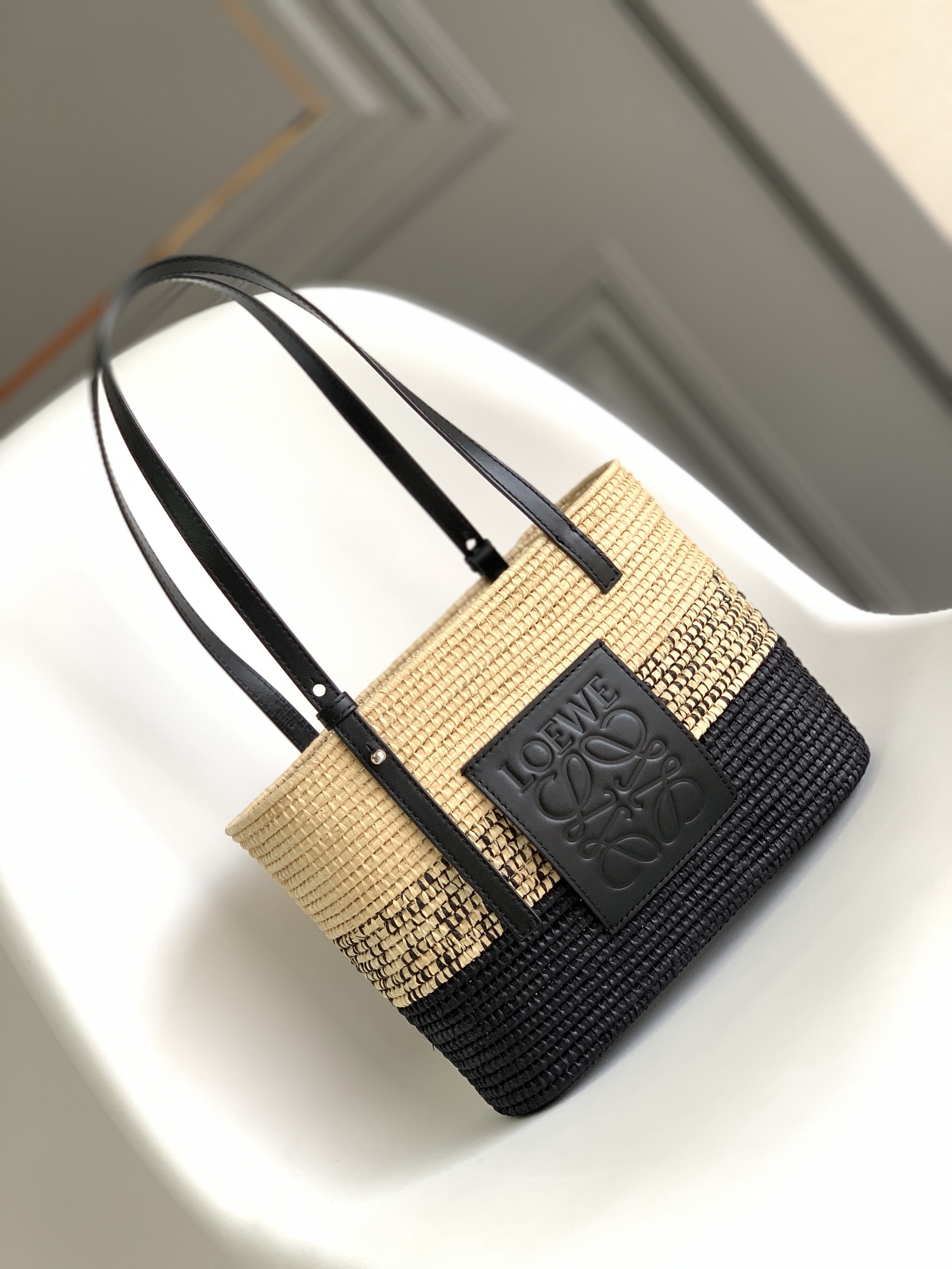 Loewe Square Basket Bag in Degrade Raffia and Calfskin Natural Black