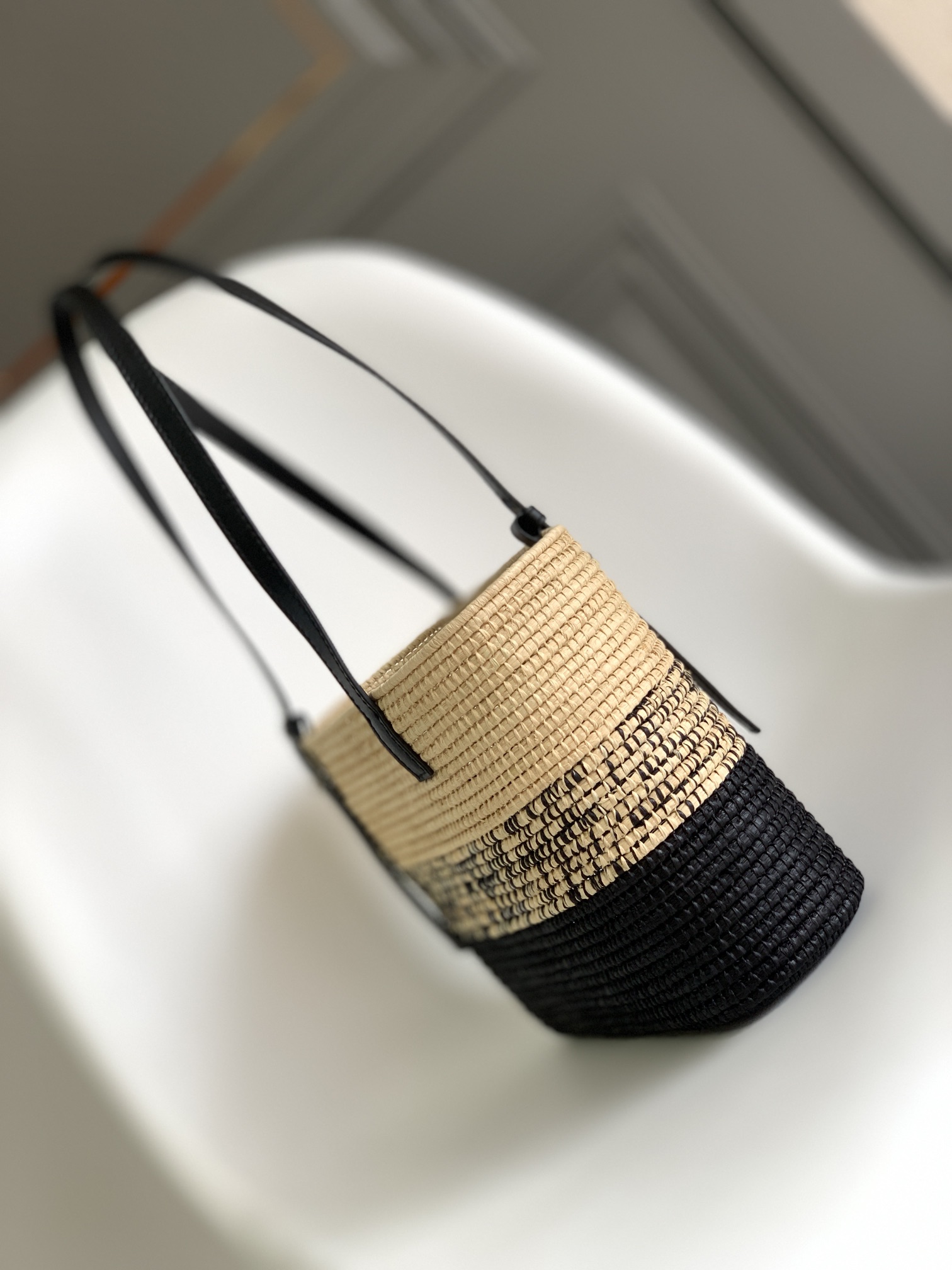 Loewe Square Basket Bag in Degrade Raffia and Calfskin Natural Black