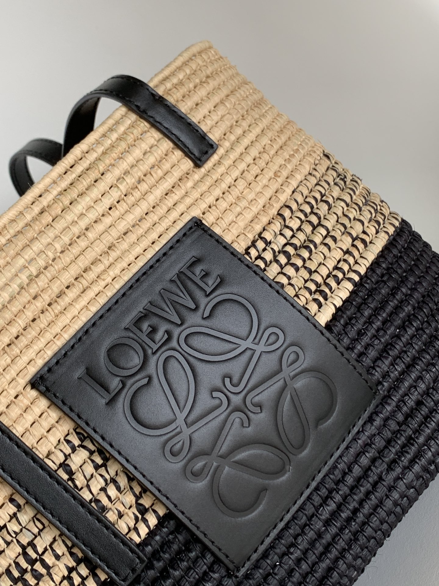 Loewe Square Basket Bag in Degrade Raffia and Calfskin Natural Black