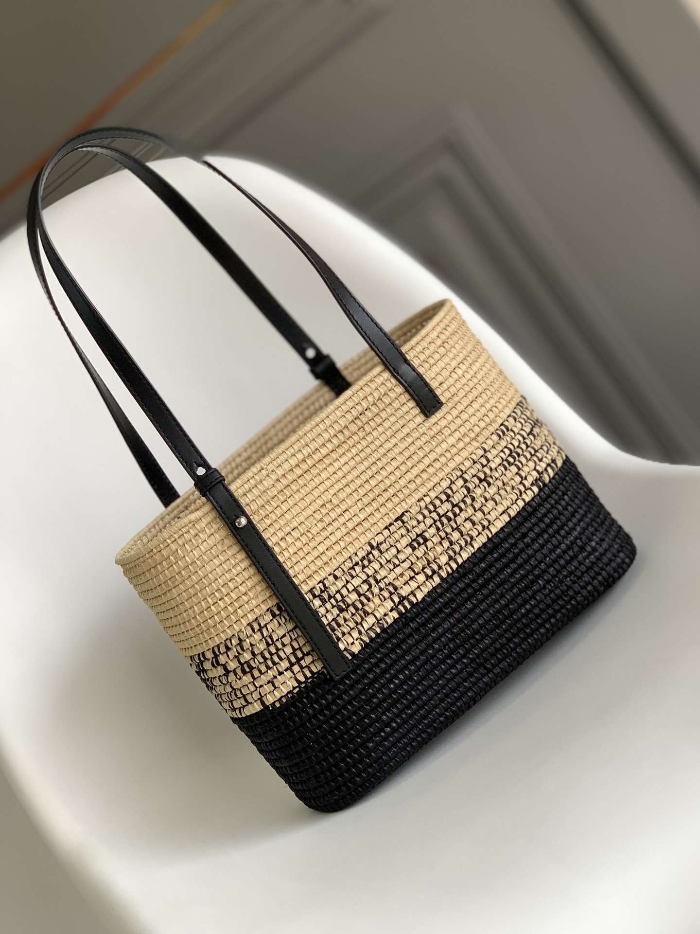 Loewe Square Basket Bag in Degrade Raffia and Calfskin Natural Black