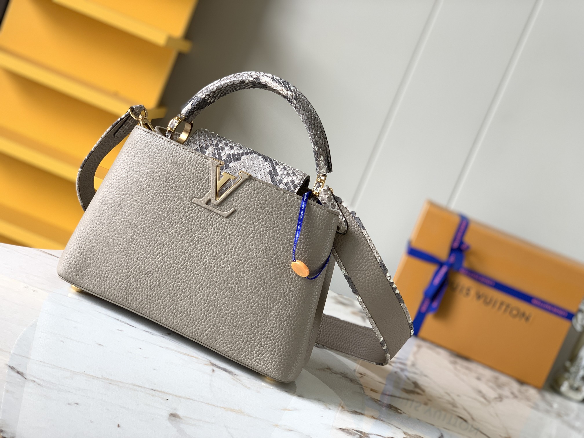 Louis Vuitton Capucines BB Handbag Taurillon Leather with Python Skin on the Handle Elephant Grey M99387