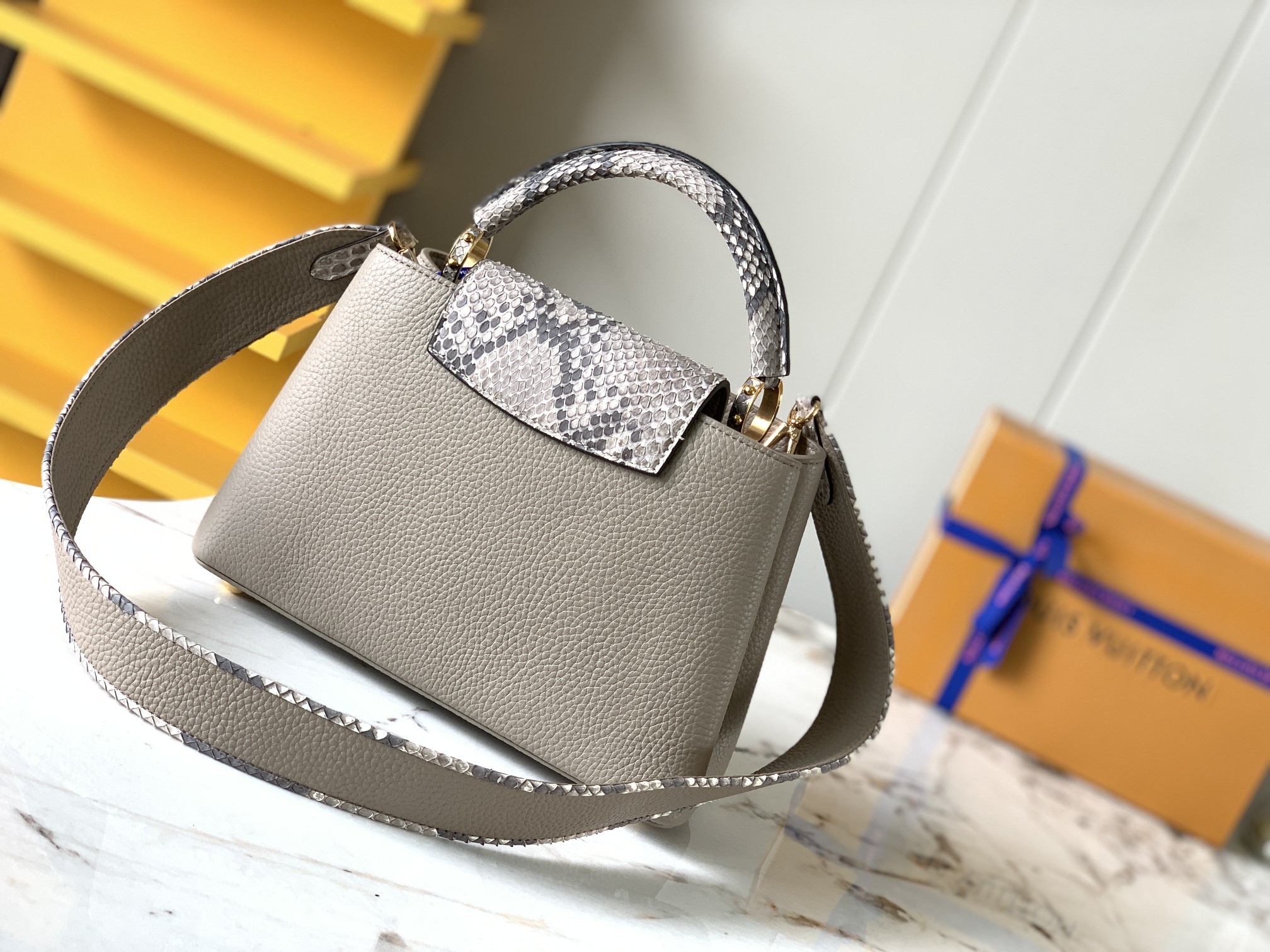 Louis Vuitton Capucines BB Handbag Taurillon Leather with Python Skin on the Handle Elephant Grey M99387