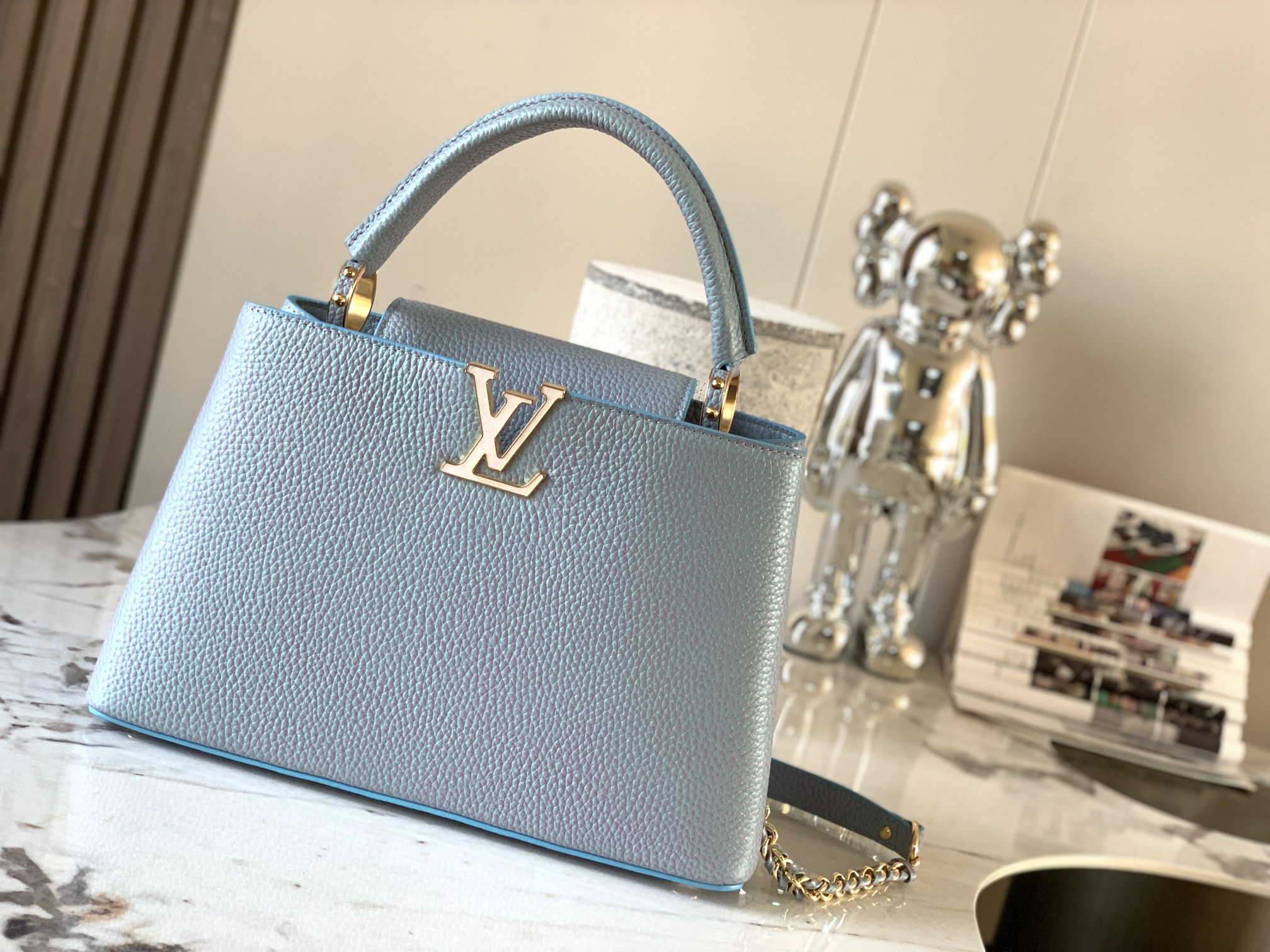 Louis Vuitton Capucines BB Taurillon Leather Seashell LV Initials and Exquisitely Braided Leather Chain Pearl Blue M20841