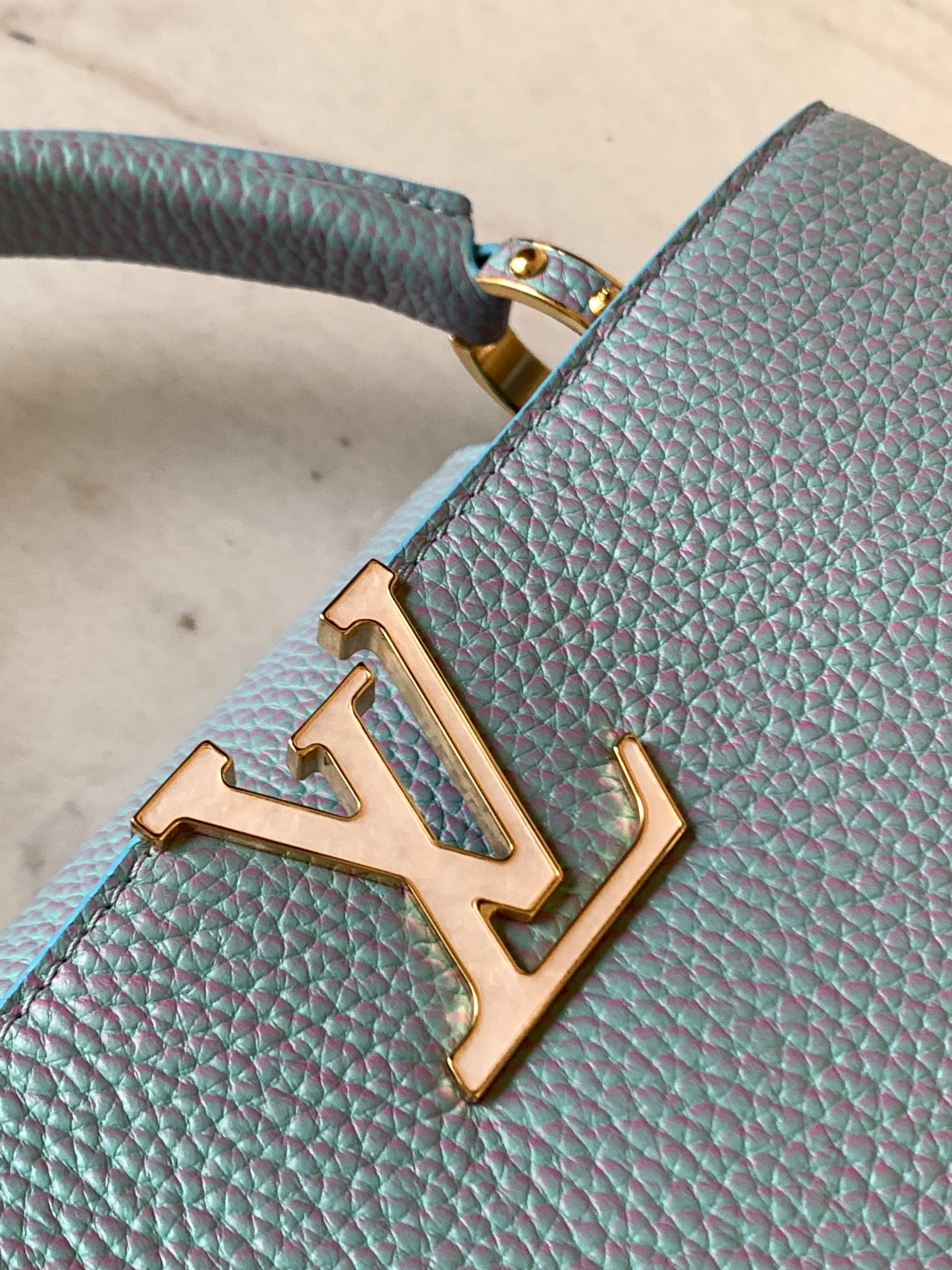 Louis Vuitton Capucines BB Taurillon Leather Seashell LV Initials and Exquisitely Braided Leather Chain Pearl Blue M20841