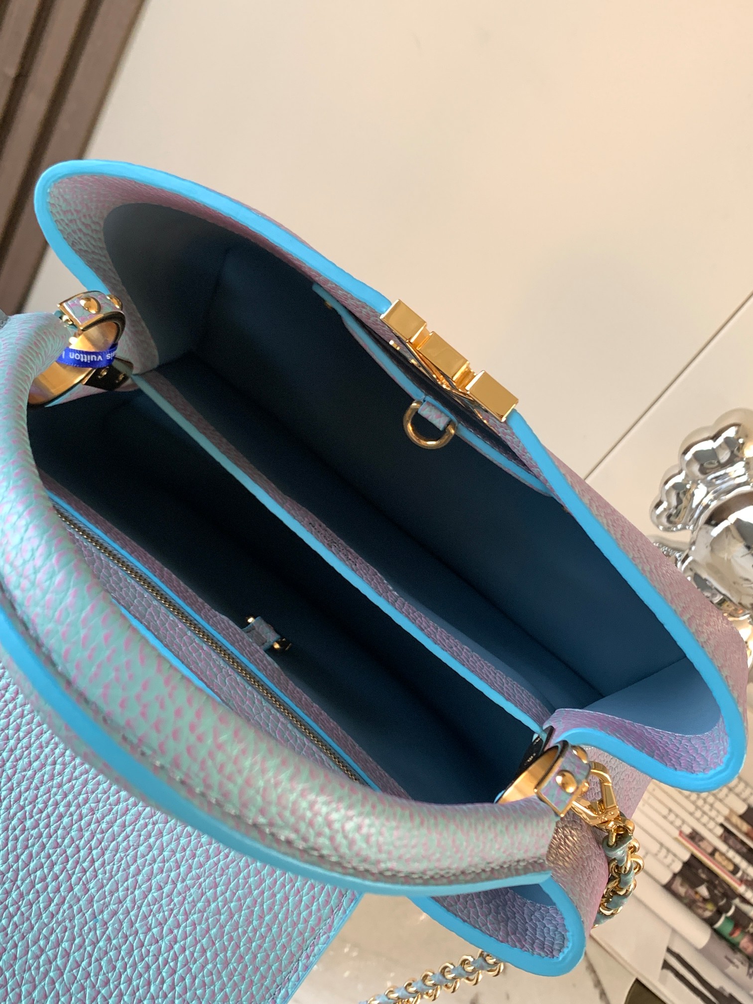 Louis Vuitton Capucines BB Taurillon Leather Seashell LV Initials and Exquisitely Braided Leather Chain Pearl Blue M20841