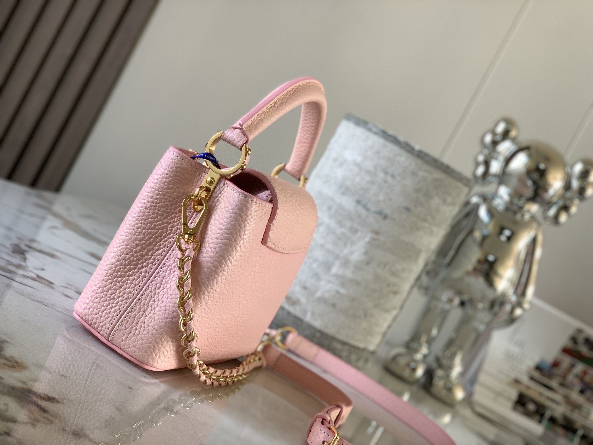 Louis Vuitton Capucines Mini Taurillon Leather Seashell LV Initials and Exquisitely Braided Leather Chain Pink M59850