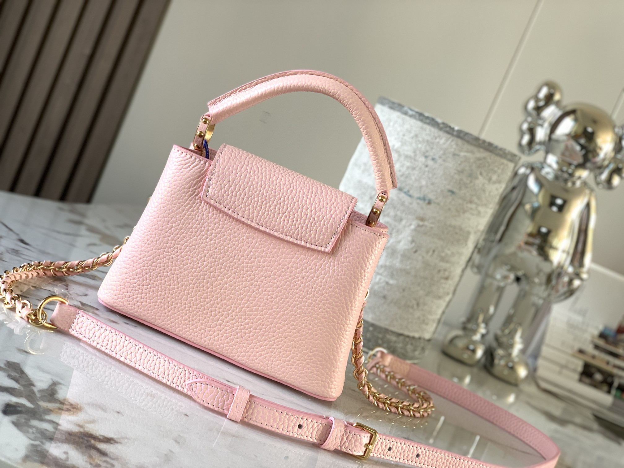 Louis Vuitton Capucines Mini Taurillon Leather Seashell LV Initials and Exquisitely Braided Leather Chain Pink M59850
