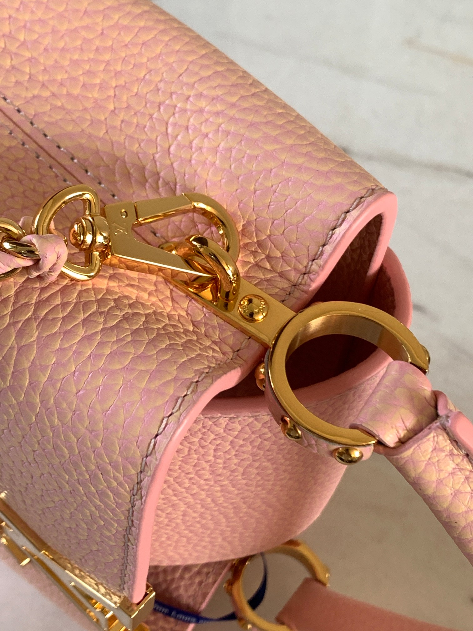 Louis Vuitton Capucines Mini Taurillon Leather Seashell LV Initials and Exquisitely Braided Leather Chain Pink M59850