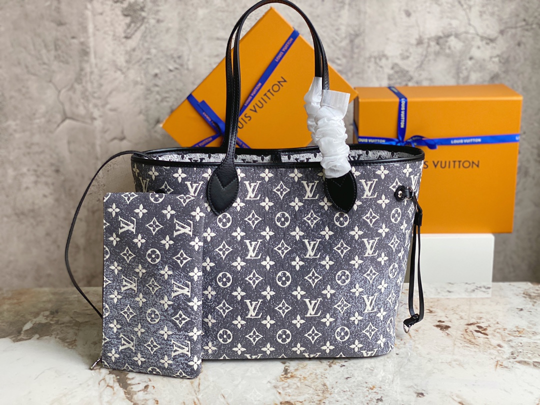 Louis Vuitton M21465 Neverfull MM Bags Denim Textile Jacquard Gray