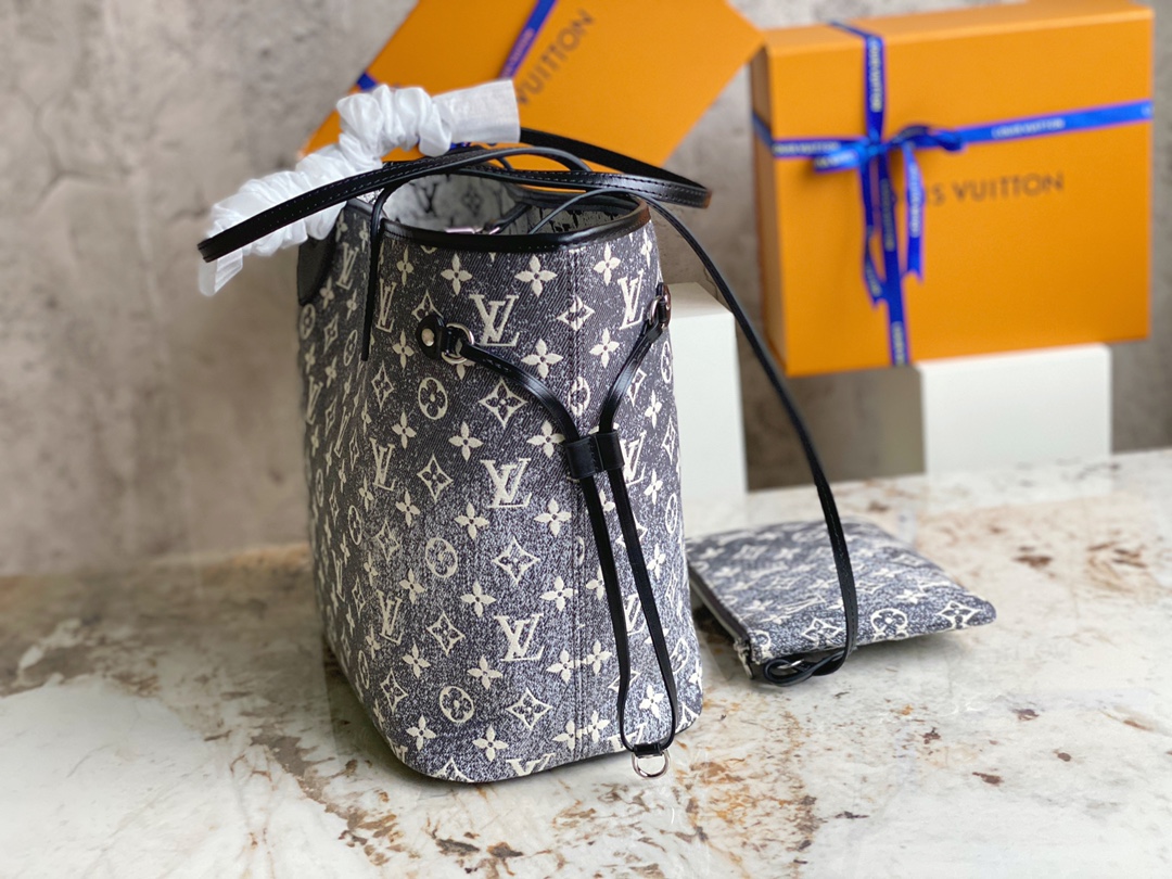 Louis Vuitton M21465 Neverfull MM Bags Denim Textile Jacquard Gray