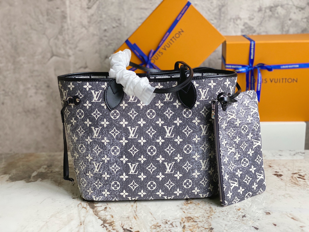 Louis Vuitton M21465 Neverfull MM Bags Denim Textile Jacquard Gray