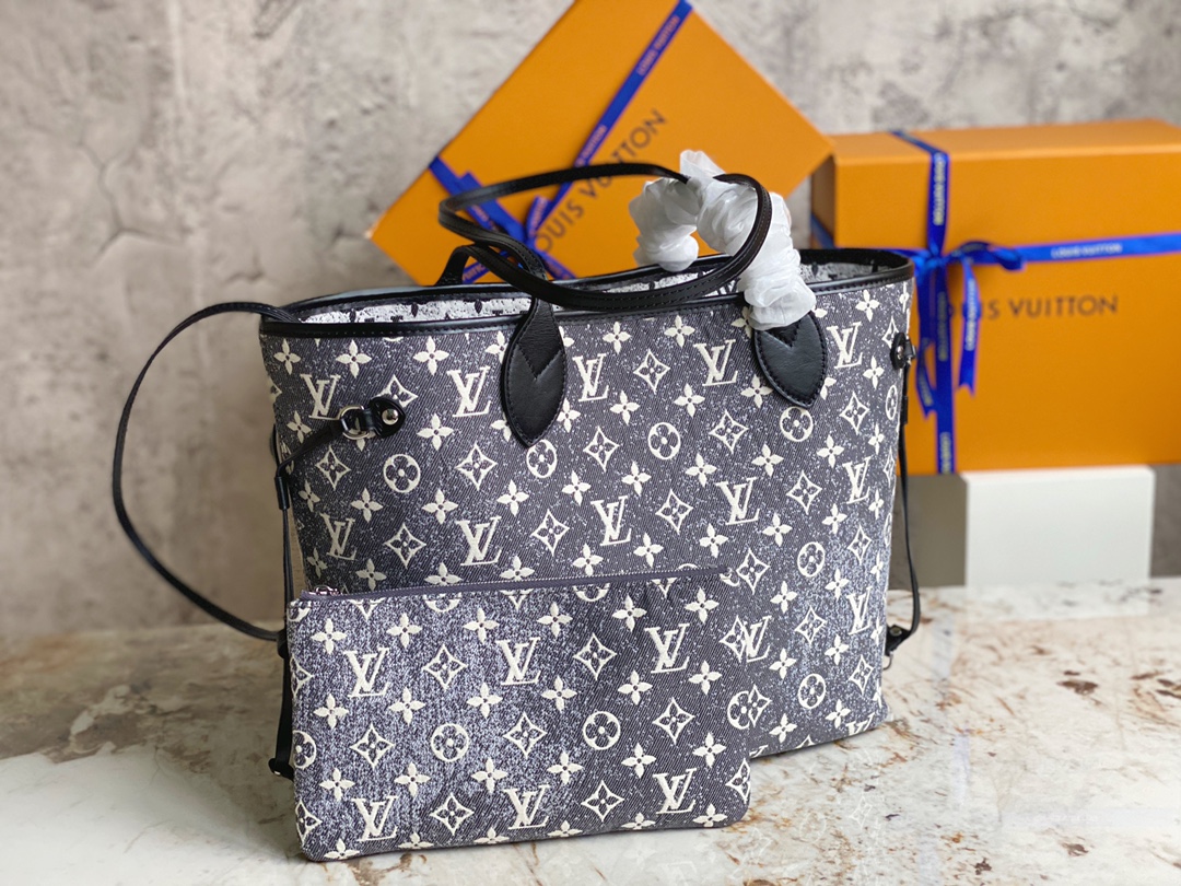 Louis Vuitton M21465 Neverfull MM Bags Denim Textile Jacquard Gray