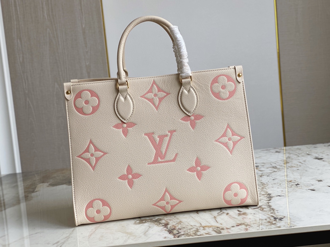 Louis Vuitton M21575 OnTheGo MM Tote Creme and Rose Embossed Supple Grained Cowhide Leather