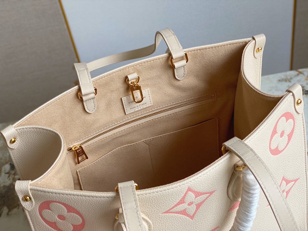 Louis Vuitton M21575 OnTheGo MM Tote Creme and Rose Embossed Supple Grained Cowhide Leather